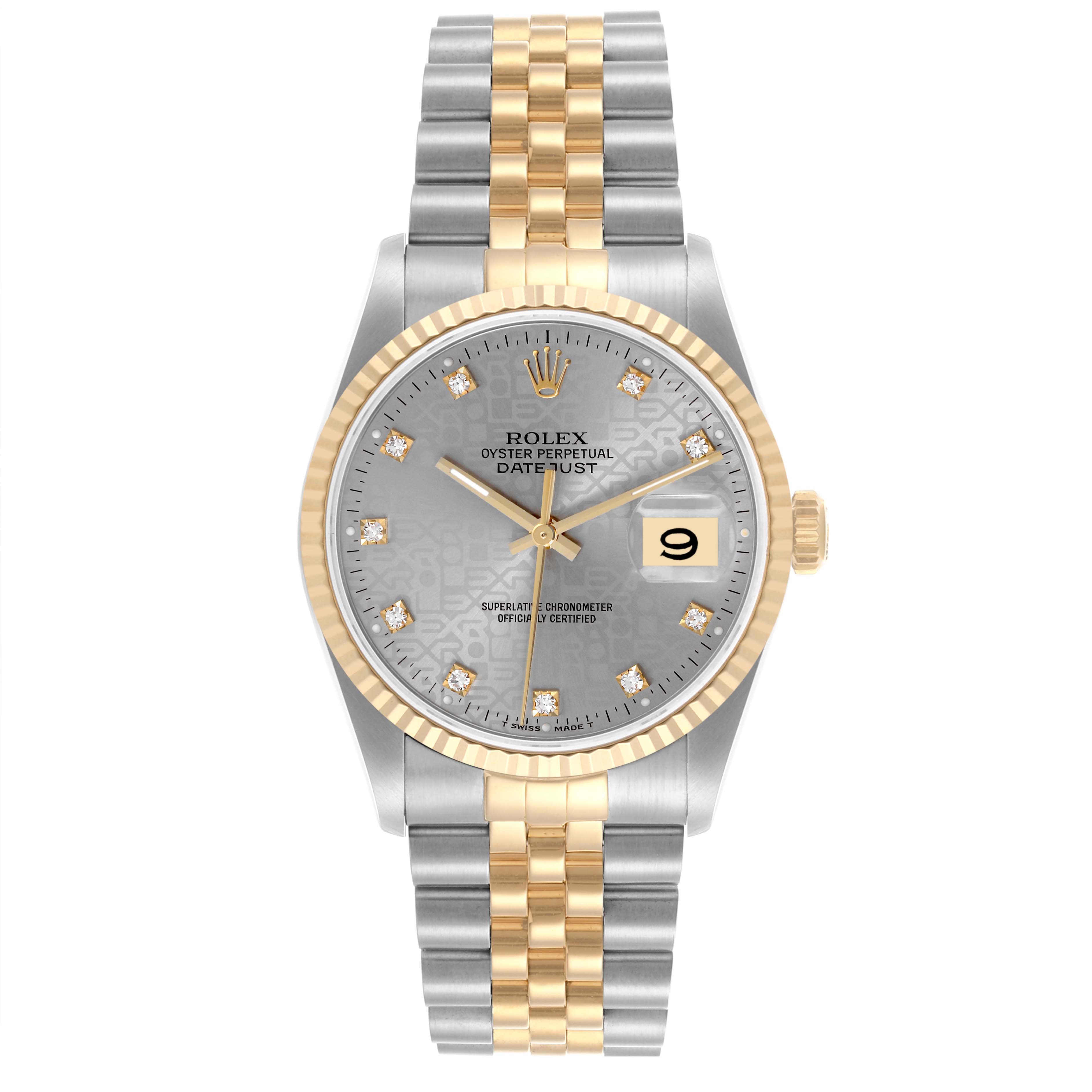 The Rolex Datejust 16233 Men's Steel and Gold (two tone) Silver Dial 16233 Men's Steel and Gold (two tone) Silver Dial watch is shown from a front angle, displaying the face, bezel, and Jubilee bracelet.