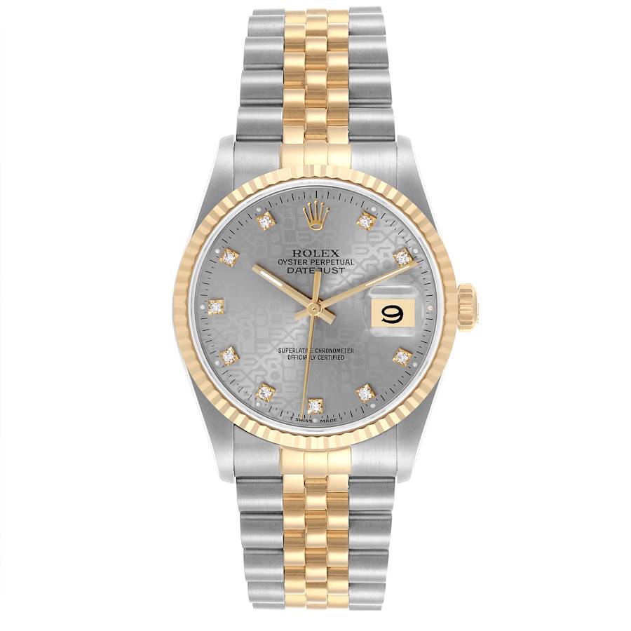 The Rolex Datejust watch is shown from a front angle, displaying the face, bezel, and Jubilee bracelet.