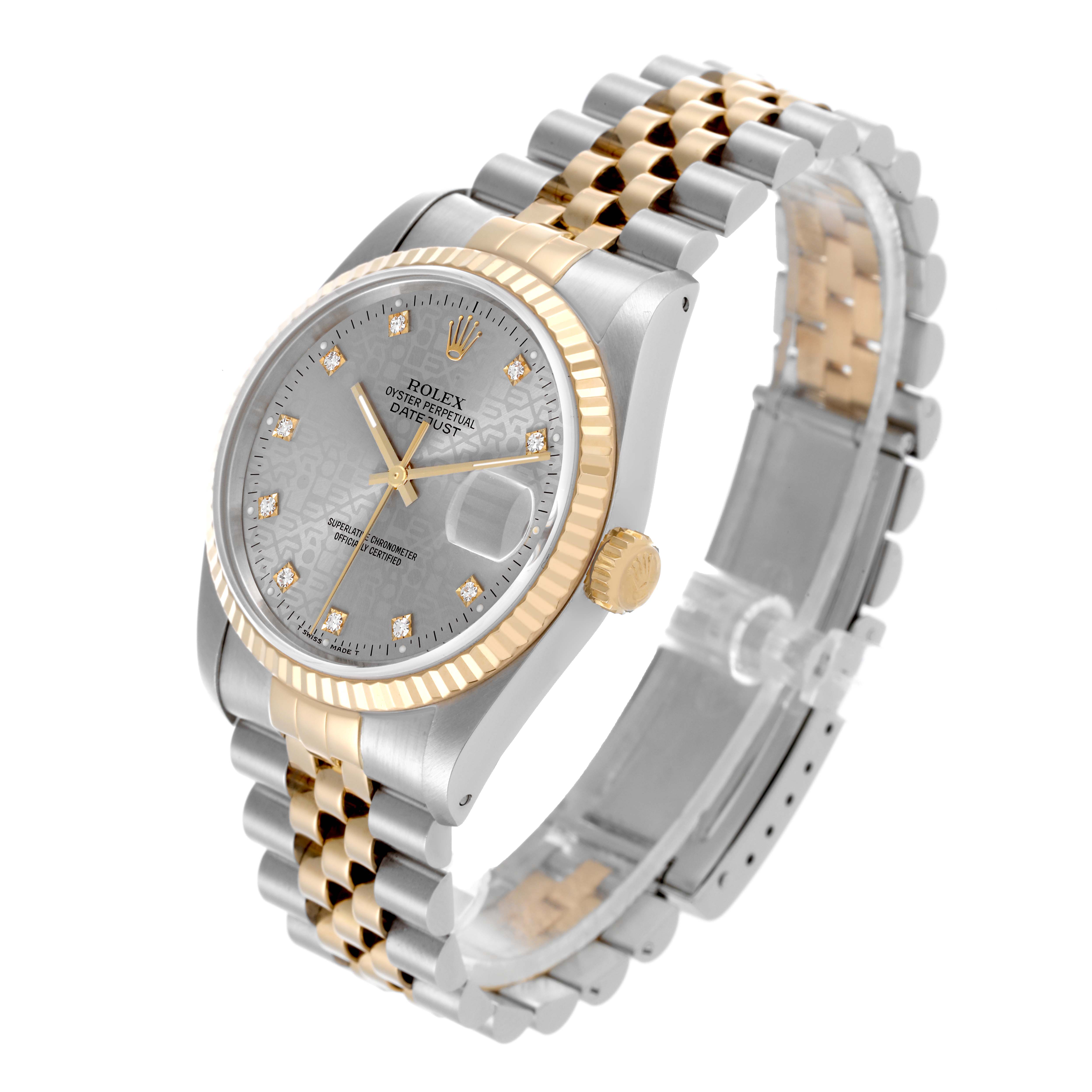 The Rolex Datejust 16233 Men's Steel and Gold (two tone) Silver Dial 16233 Men's Steel and Gold (two tone) Silver Dial watch is shown at an angle highlighting the face, bezel, crown, and bracelet.