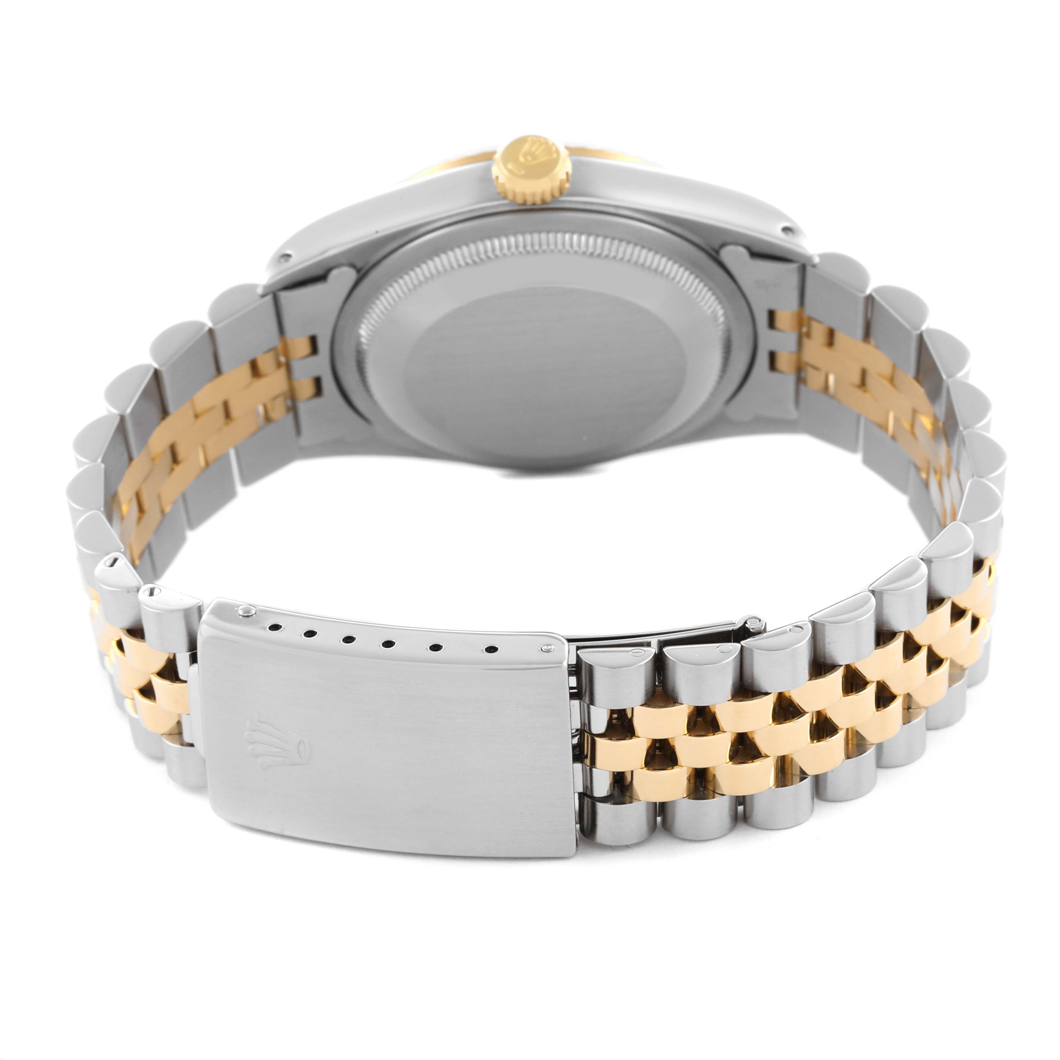 The image shows the back of a Rolex Datejust 16233 Men's Steel and Gold (two tone) Silver Dial 16233 Men's Steel and Gold (two tone) Silver Dial, focusing on the bracelet and clasp.