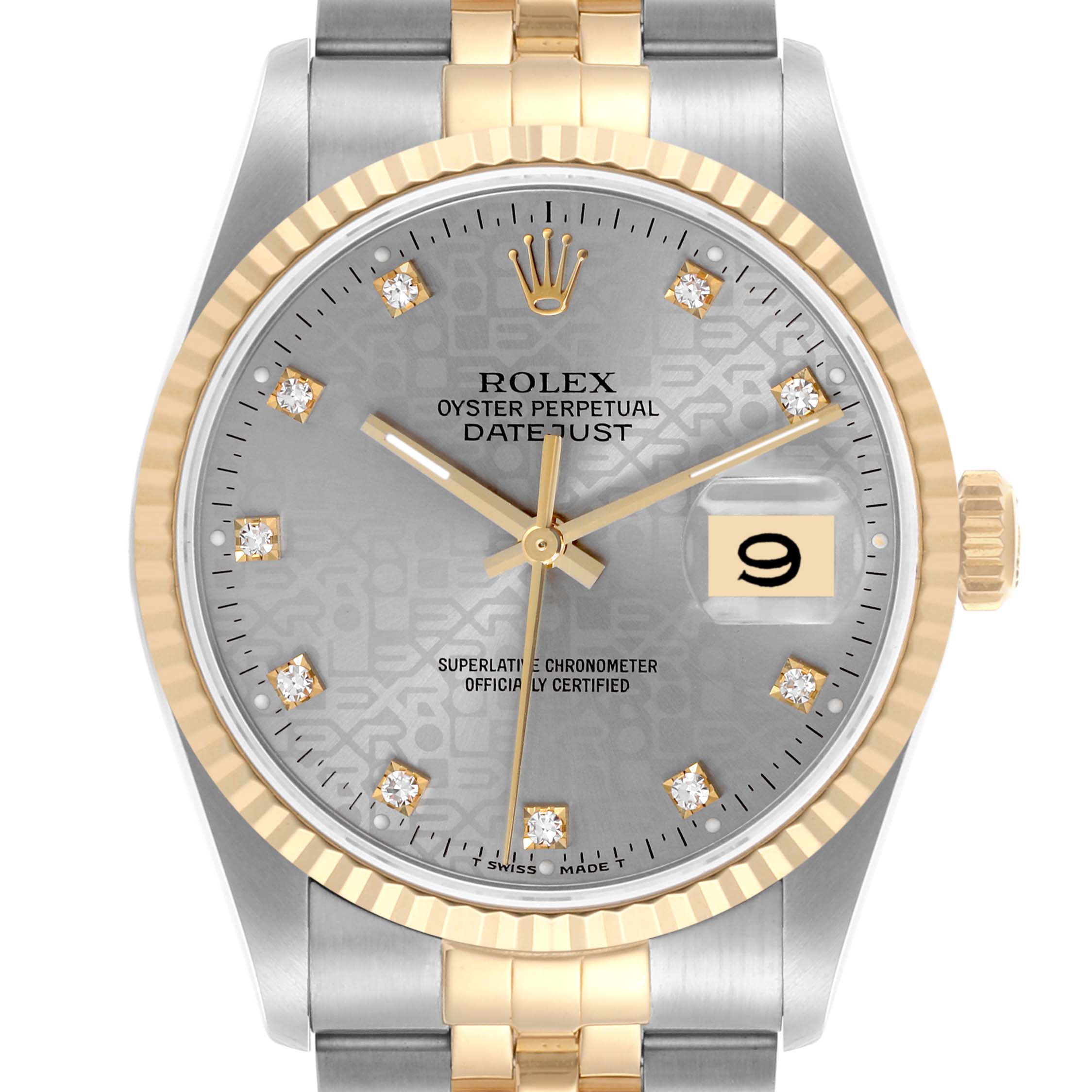 The Rolex Datejust 16233 Men's Steel and Gold (two tone) Silver Dial 16233 Men's Steel and Gold (two tone) Silver Dial watch is shown from the front, highlighting the dial, bezel, crown, and part of the bracelet.