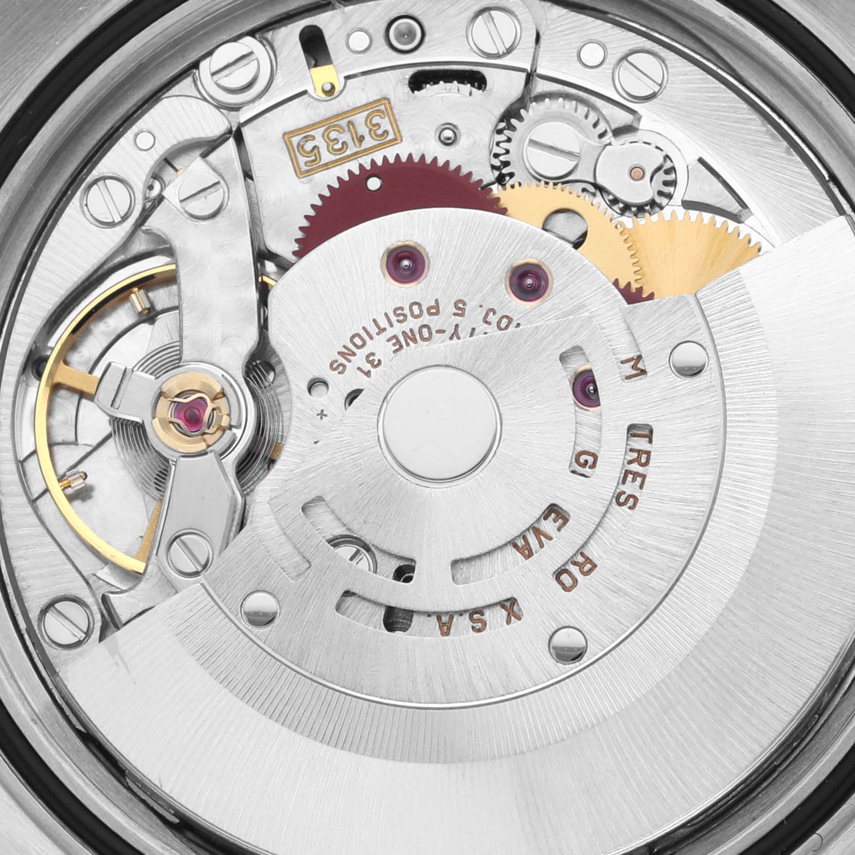 The image shows an internal view of the watch movement from a Rolex Datejust 16233 Men's Steel and Gold (two tone) Silver Dial 16233 Men's Steel and Gold (two tone) Silver Dial model.