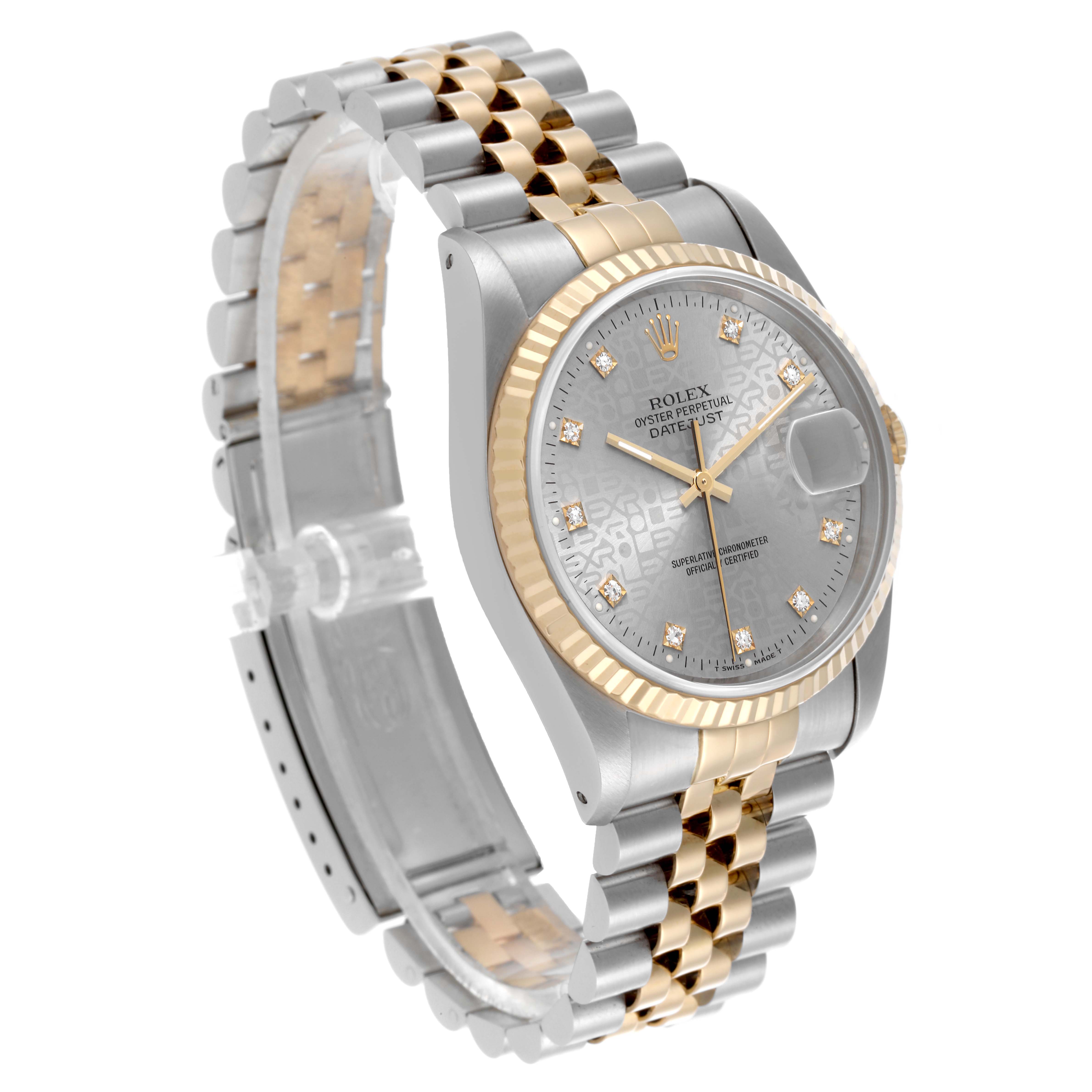 The Rolex Datejust 16233 Men's Steel and Gold (two tone) Silver Dial 16233 Men's Steel and Gold (two tone) Silver Dial watch is shown at a three-quarter angle, featuring the dial, bezel, and bracelet.
