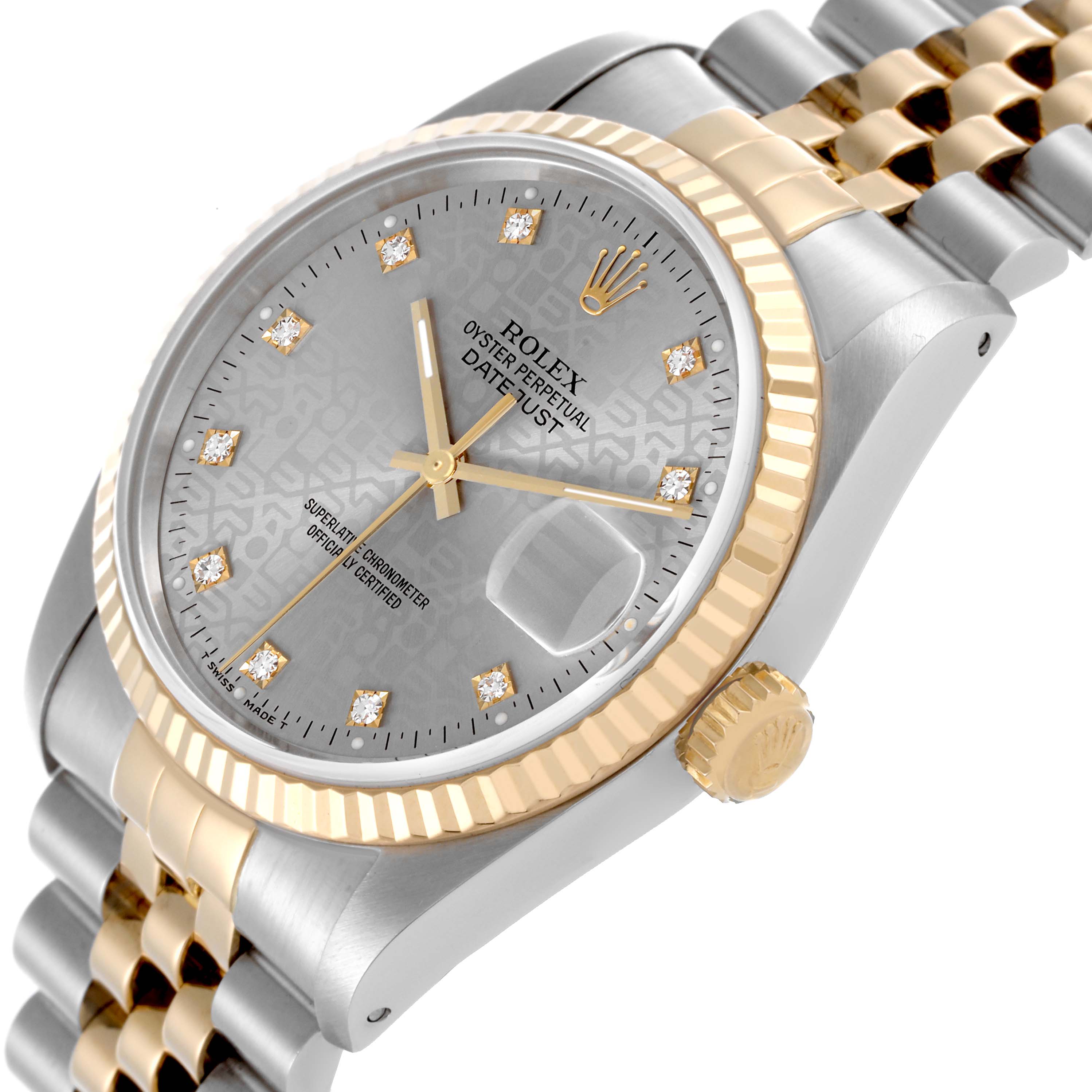 The Rolex Datejust 16233 Men's Steel and Gold (two tone) Silver Dial 16233 Men's Steel and Gold (two tone) Silver Dial watch is shown at an angle highlighting the dial, bezel, crown, and bracelet.