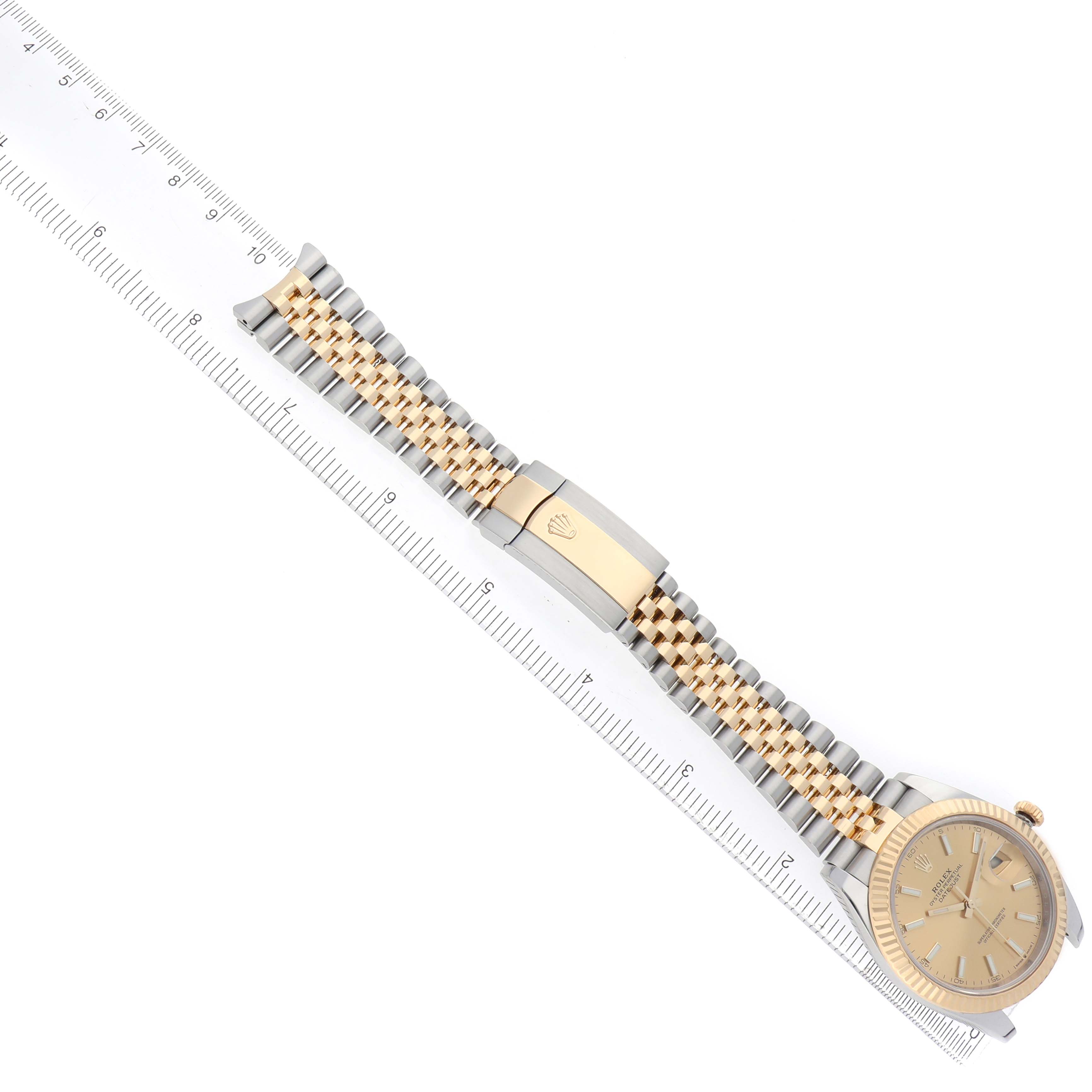 The Rolex Datejust 41 126333 Men's Steel and Gold (two tone) Champagne Dial watch is shown in a top-down angle, displaying the face, bracelet, and clasp.