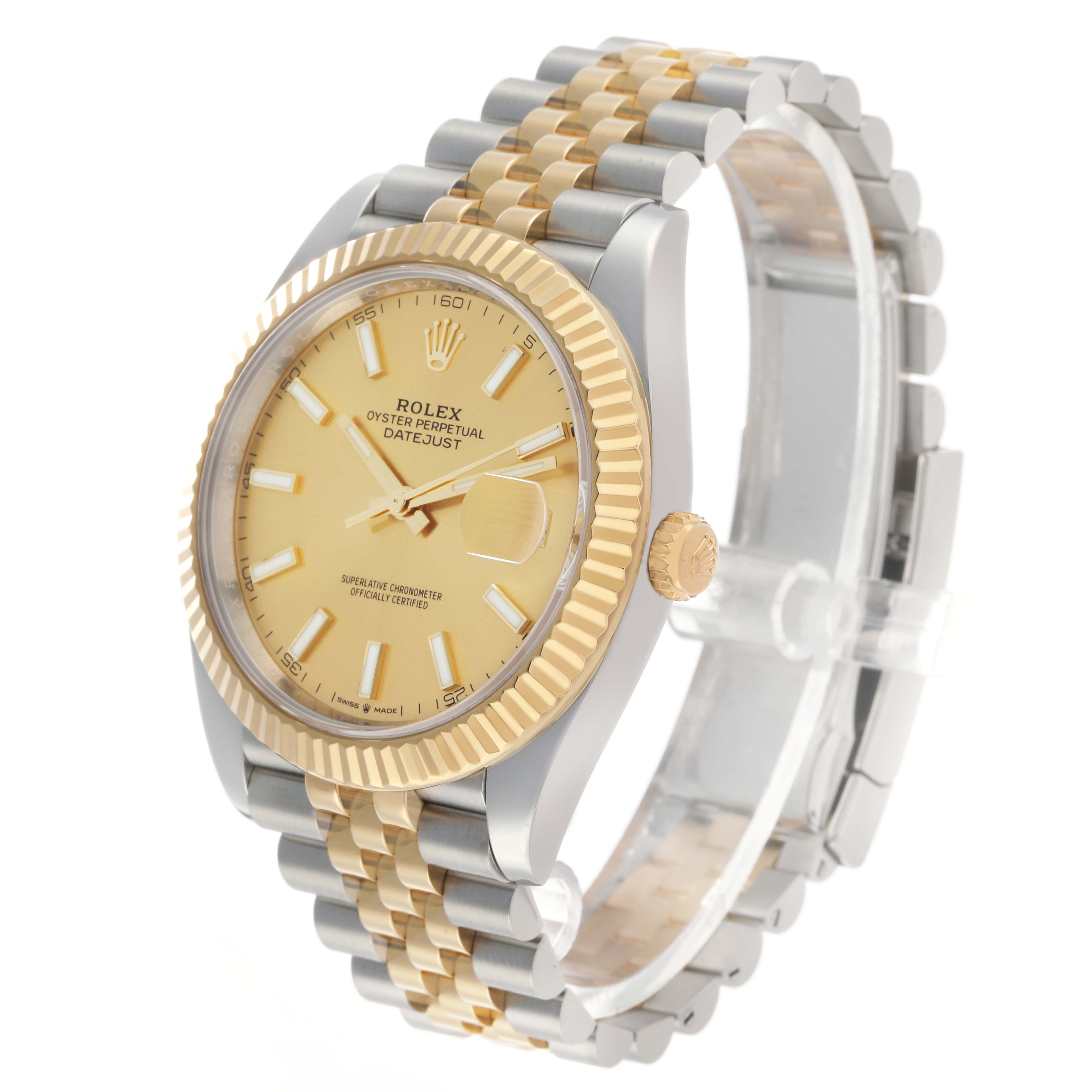 The Rolex Datejust 41 126333 Men's Steel and Gold (two tone) Champagne Dial is shown at a three-quarter angle, highlighting the dial, bezel, crown, and Jubilee bracelet.