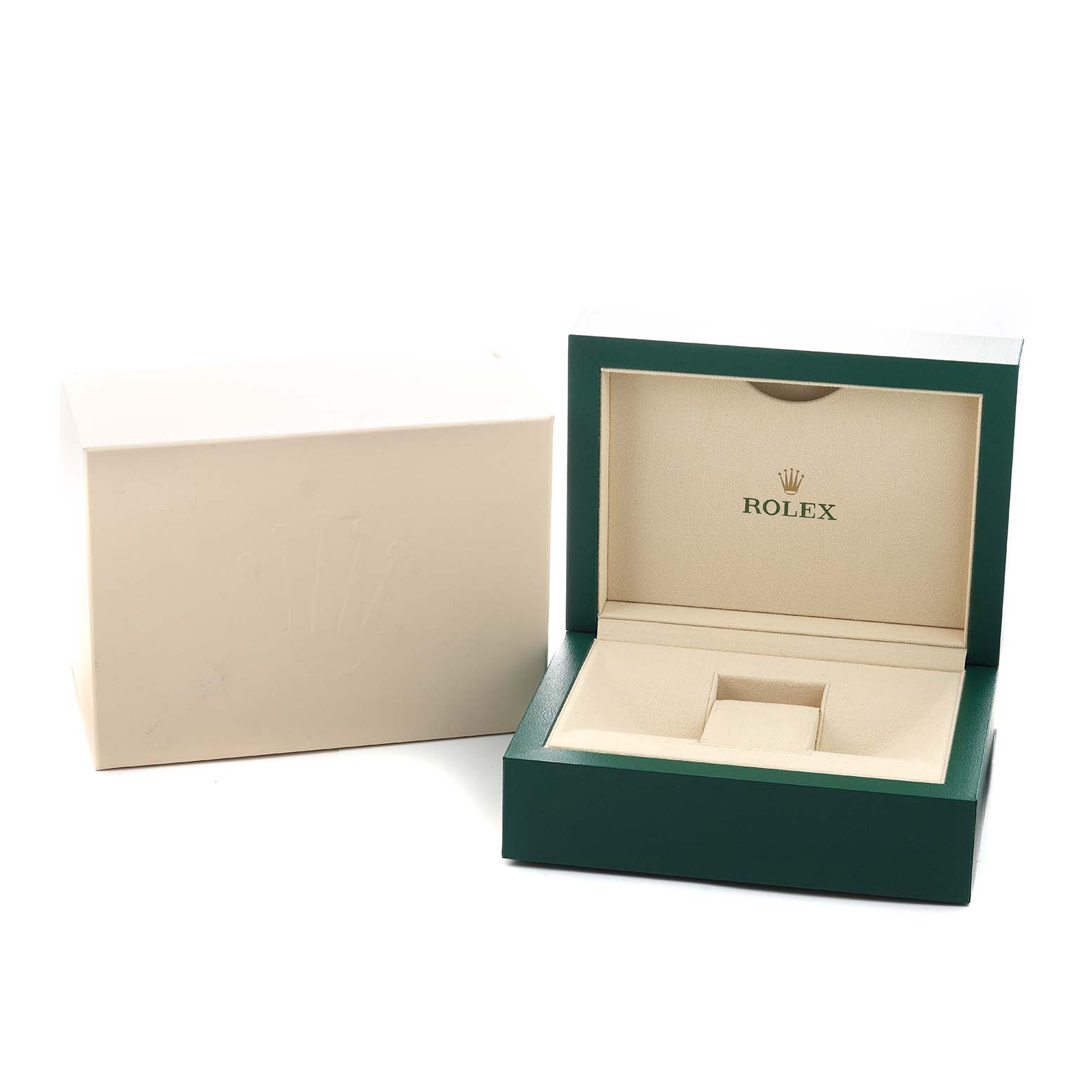 The image shows an open green and beige Rolex box for the Datejust 41 model, with the outer box beside it.