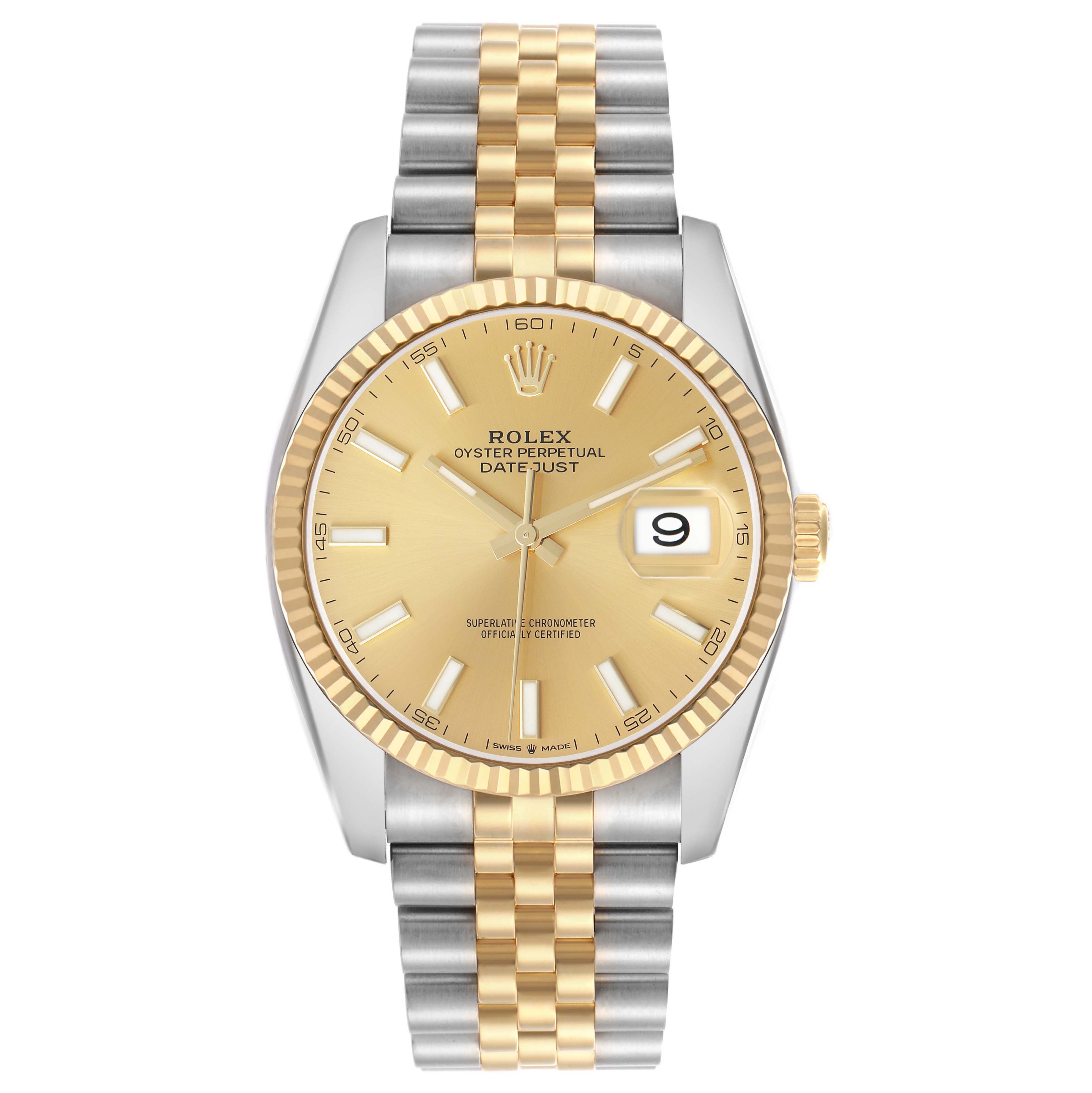 The Rolex Datejust 41 126333 Men's Steel and Gold (two tone) Champagne Dial watch is shown from a front angle, displaying its gold dial, fluted bezel, and two-tone Jubilee bracelet.