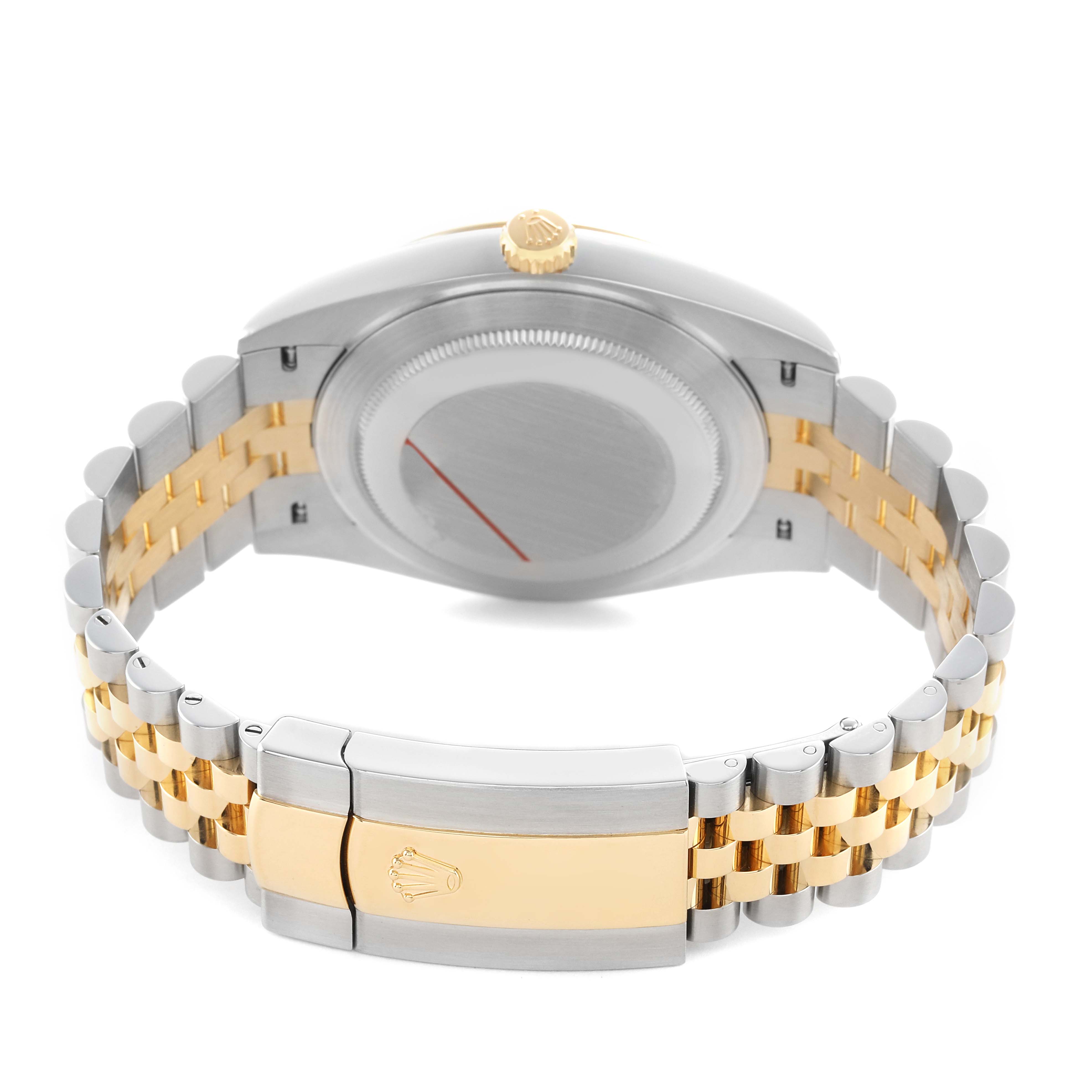 The image shows the back and clasp of a Rolex Datejust 41 126333 Men's Steel and Gold (two tone) Champagne Dial, highlighting the two-tone bracelet and crown.