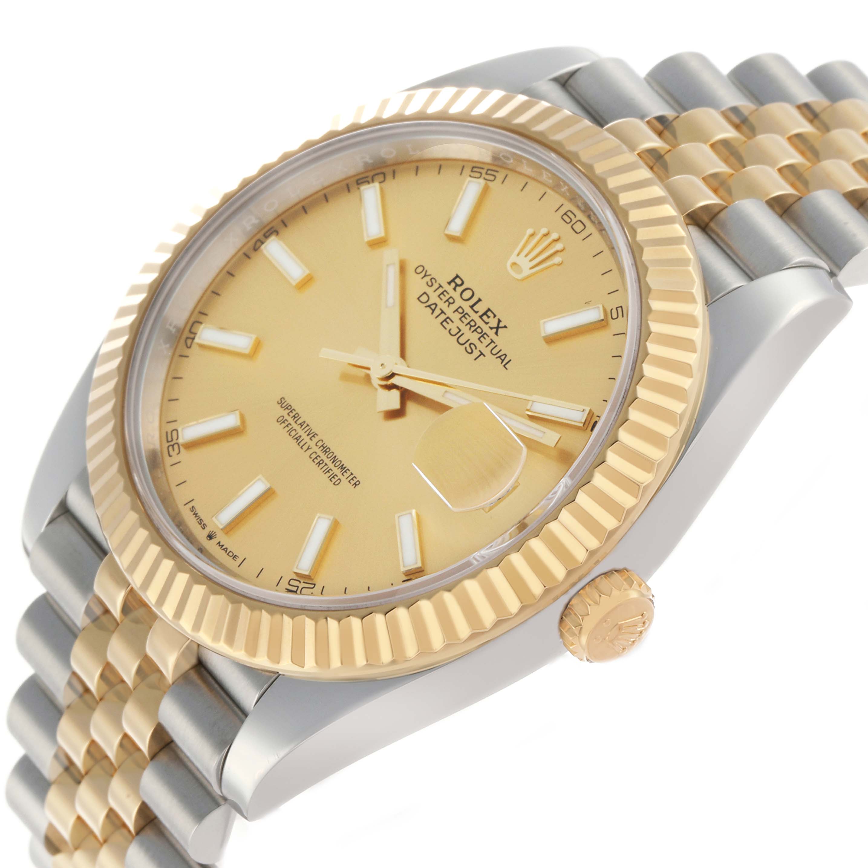 The Rolex Datejust 41 126333 Men's Steel and Gold (two tone) Champagne Dial is shown at an angle highlighting the dial, fluted bezel, crown, and two-tone bracelet.
