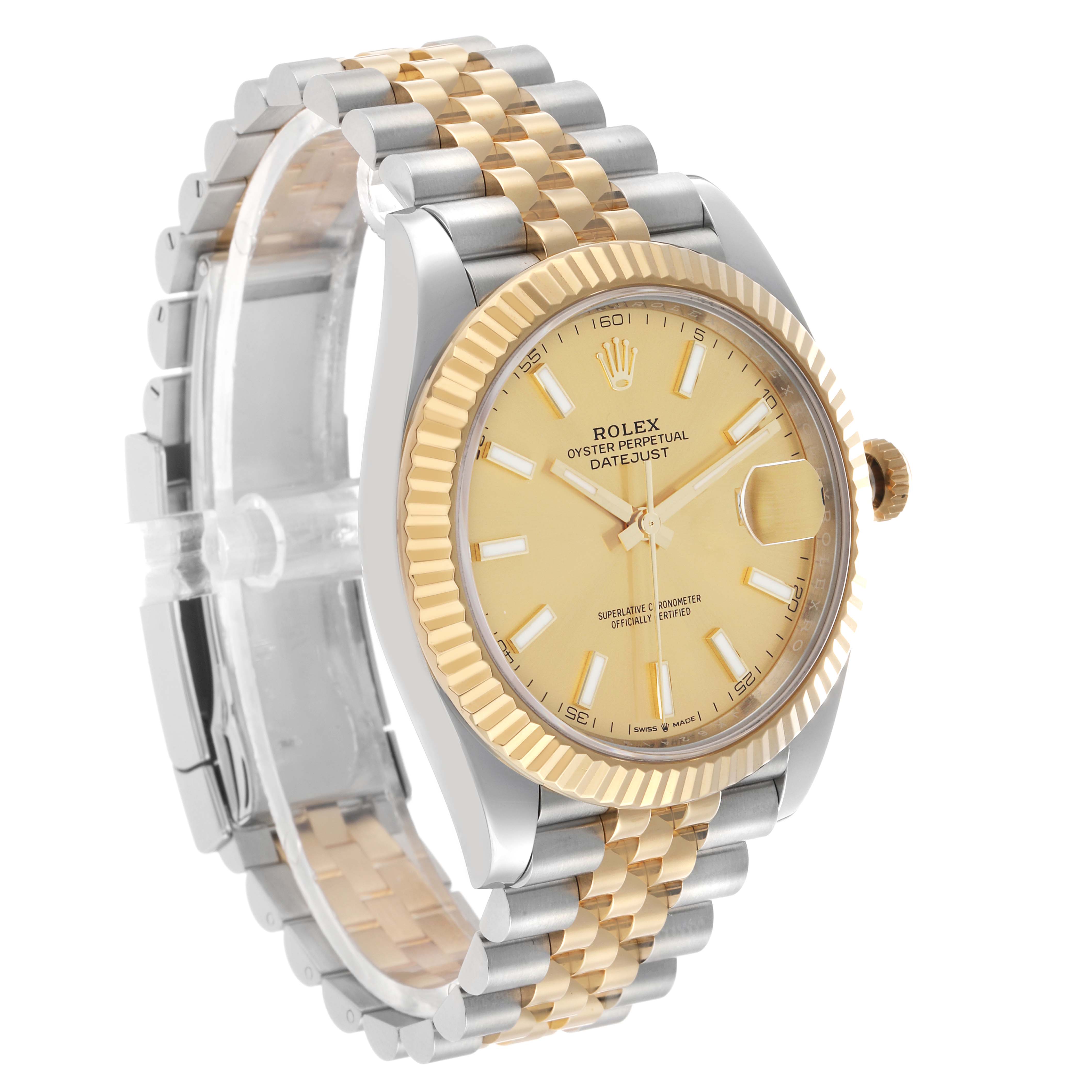 The Rolex Datejust 41 126333 Men's Steel and Gold (two tone) Champagne Dial watch is shown at a three-quarter angle, displaying the face, bezel, and part of the bracelet.