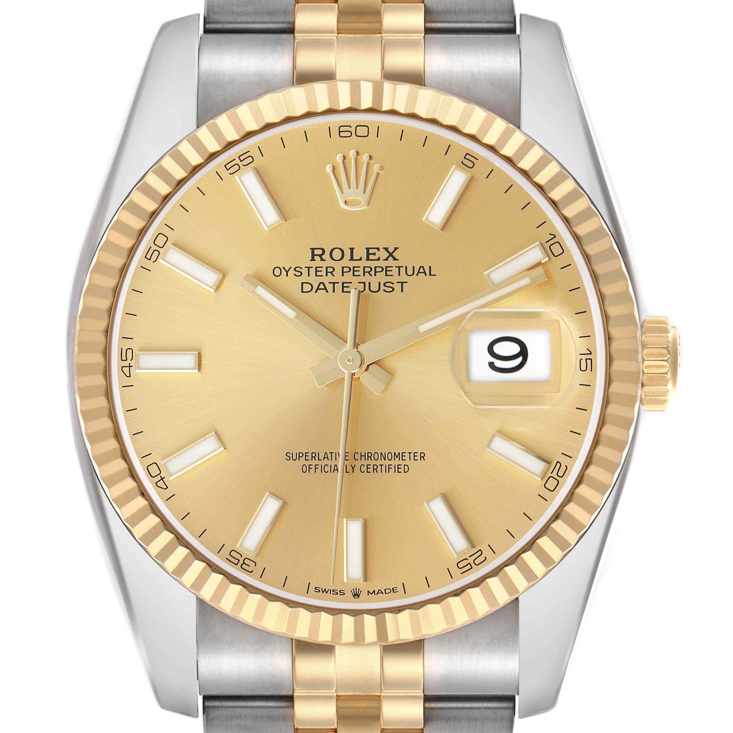 The Rolex Datejust 41 126333 Men's Steel and Gold (two tone) Champagne Dial watch is shown from the front, displaying its dial, bezel, crown, and part of the bracelet.