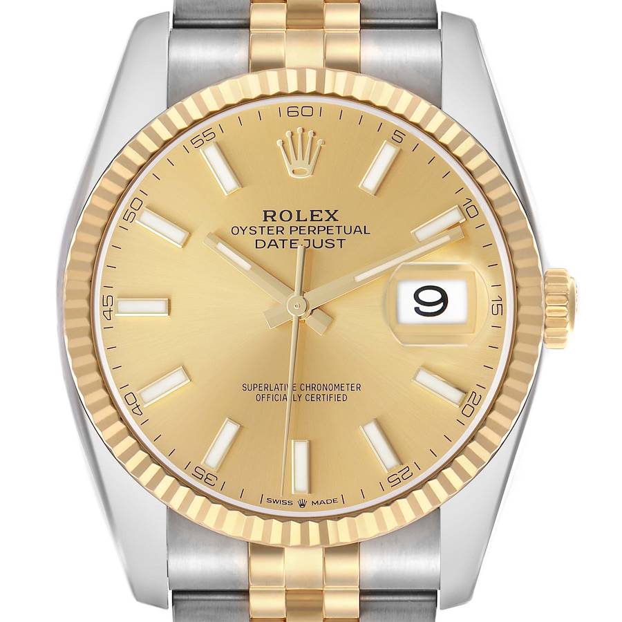 The Rolex Datejust 41 126333 Men's Steel and Gold (two tone) Champagne Dial watch is shown from the front, displaying its dial, bezel, crown, and part of the bracelet.