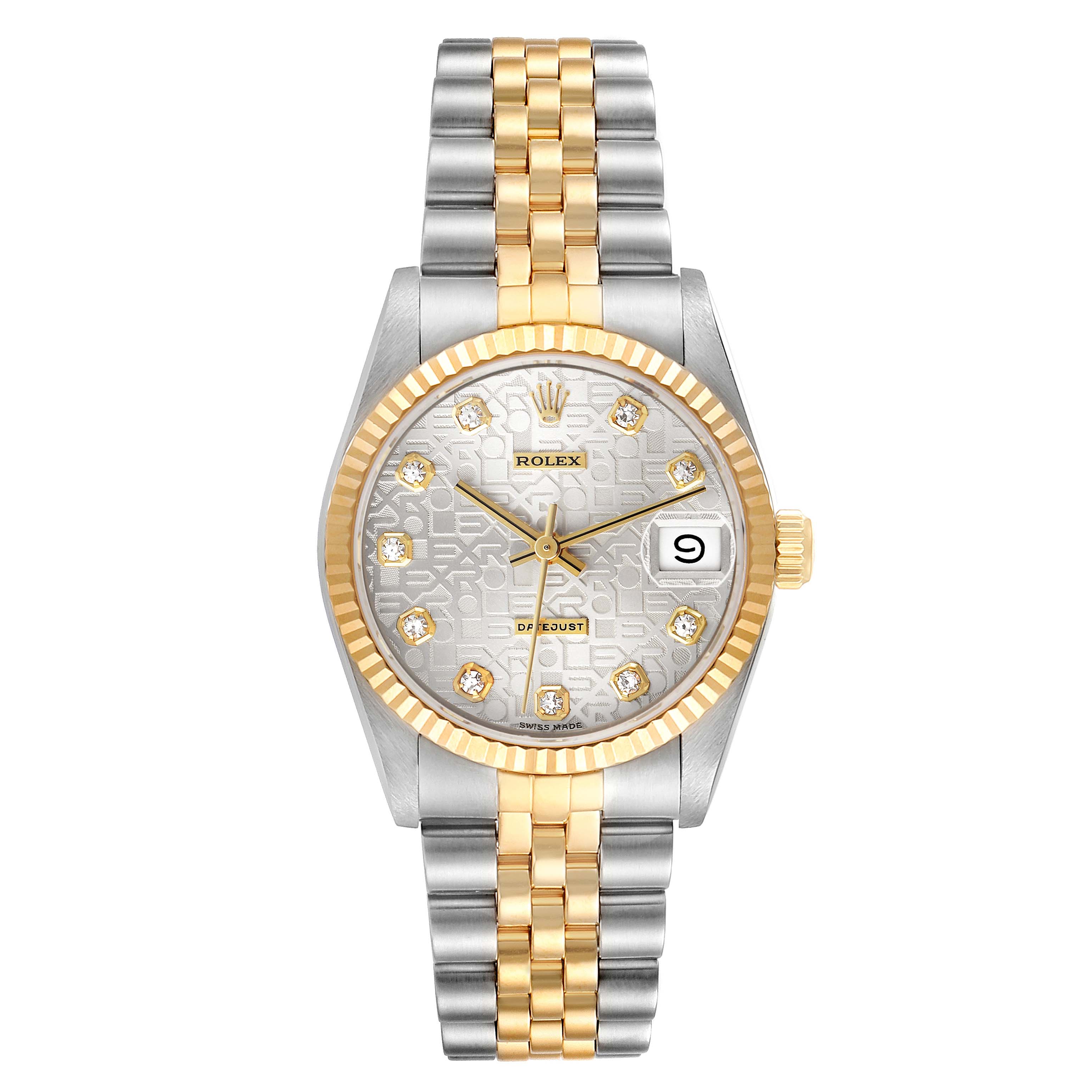 The Rolex Datejust 68273 Women's Stainless Steel Silver Dial watch is shown from the front, highlighting its gold and silver bracelet, fluted bezel, and diamond-studded dial.