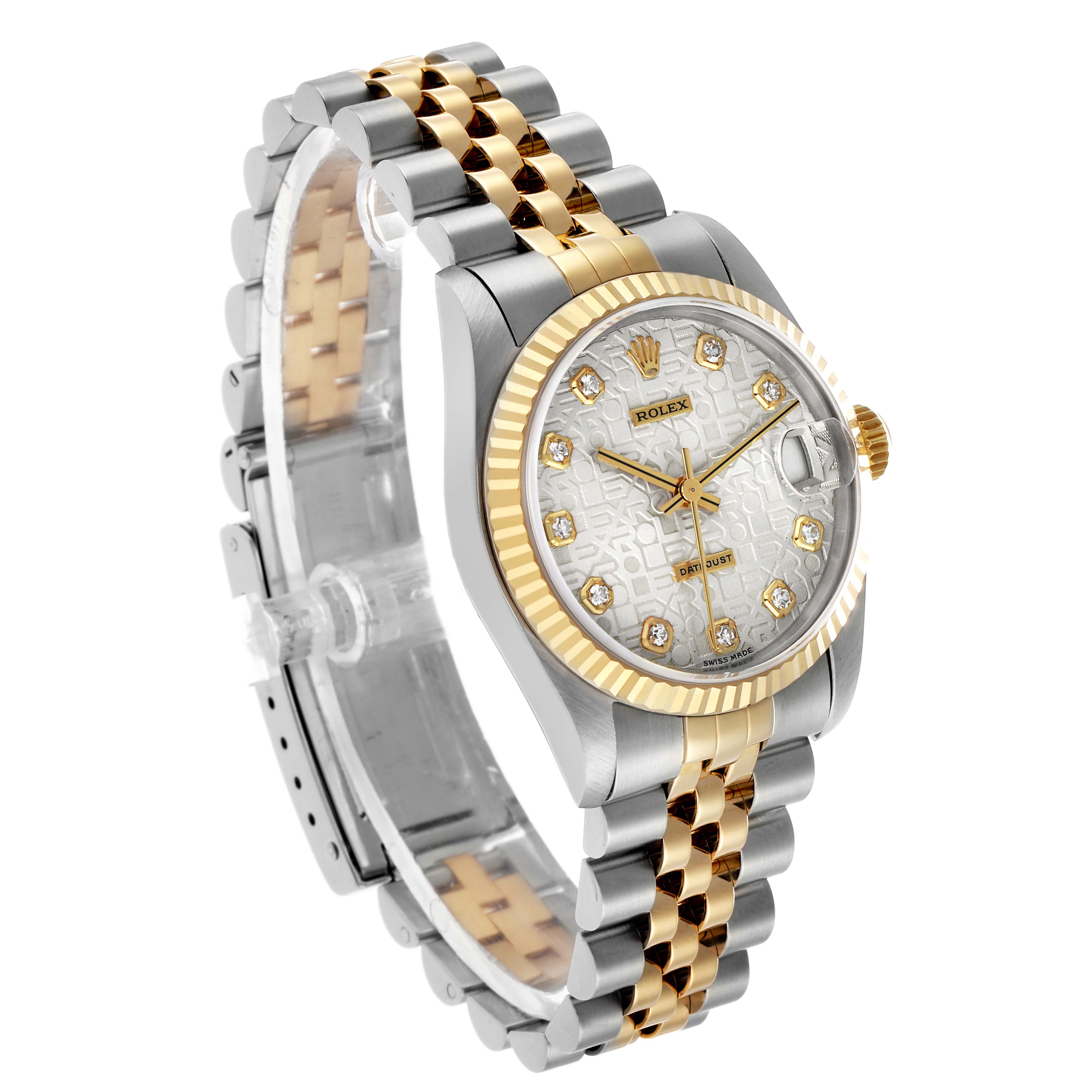 The Rolex Datejust 68273 Women's Stainless Steel Silver Dial watch is shown at a three-quarter angle, highlighting its two-tone Jubilee bracelet, fluted bezel, and diamond hour markers.