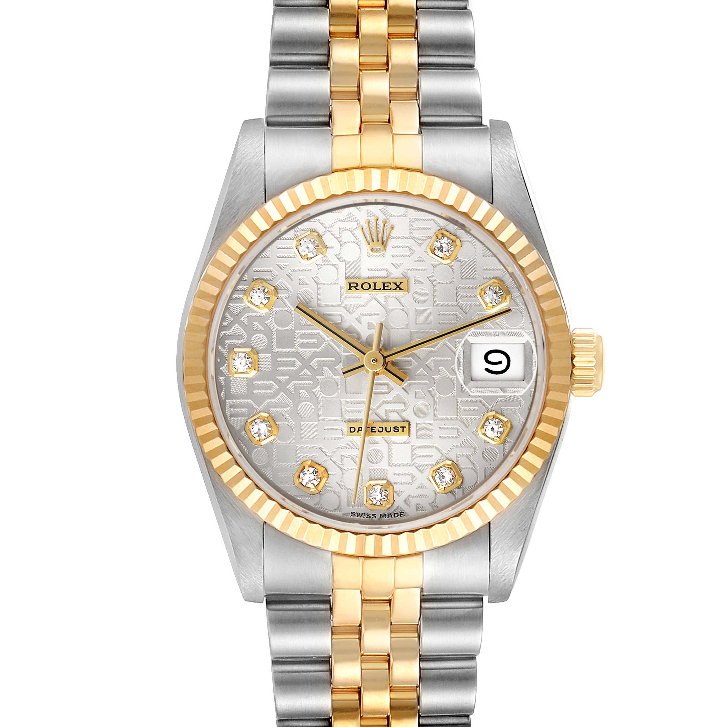 The Rolex Datejust 68273 Women's Stainless Steel Silver Dial watch is shown from a front angle, displaying the face, bezel, and two-tone bracelet.