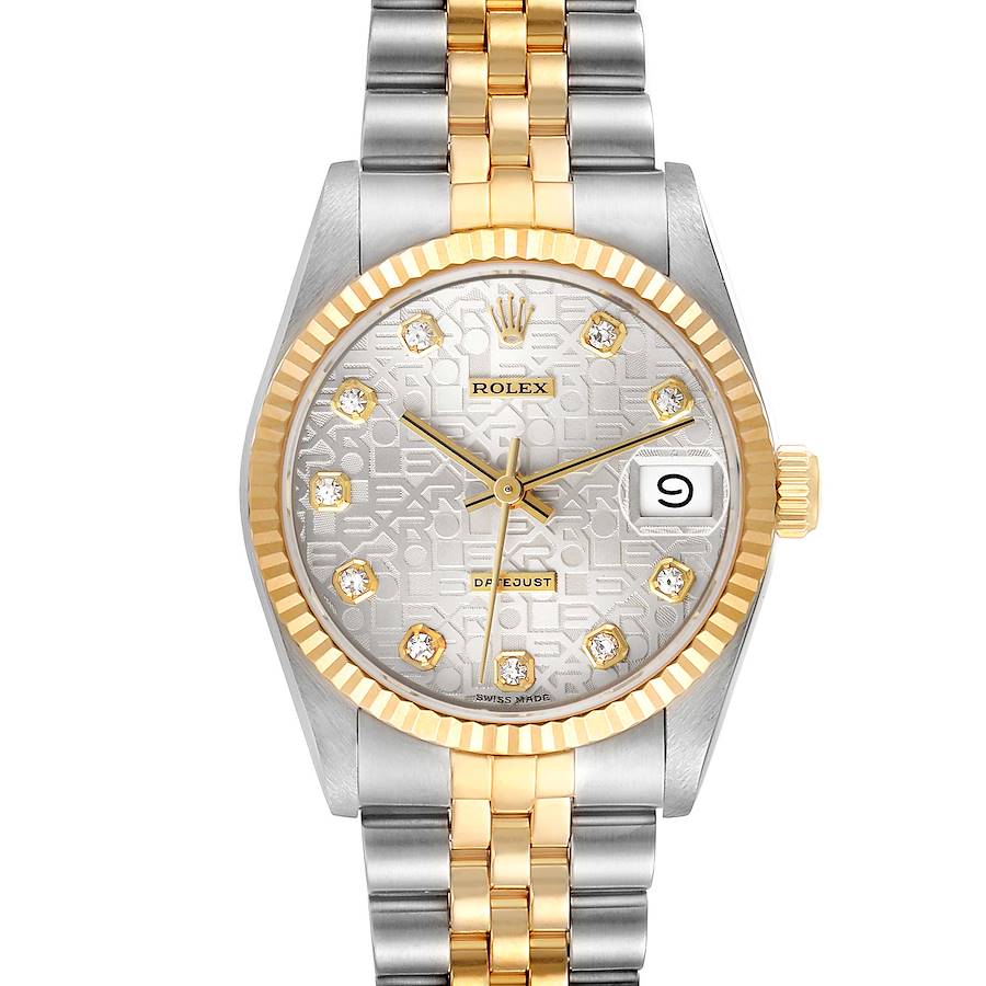 The Rolex Datejust 68273 Women's Stainless Steel Silver Dial watch is shown from a front angle, displaying the face, bezel, and two-tone bracelet.