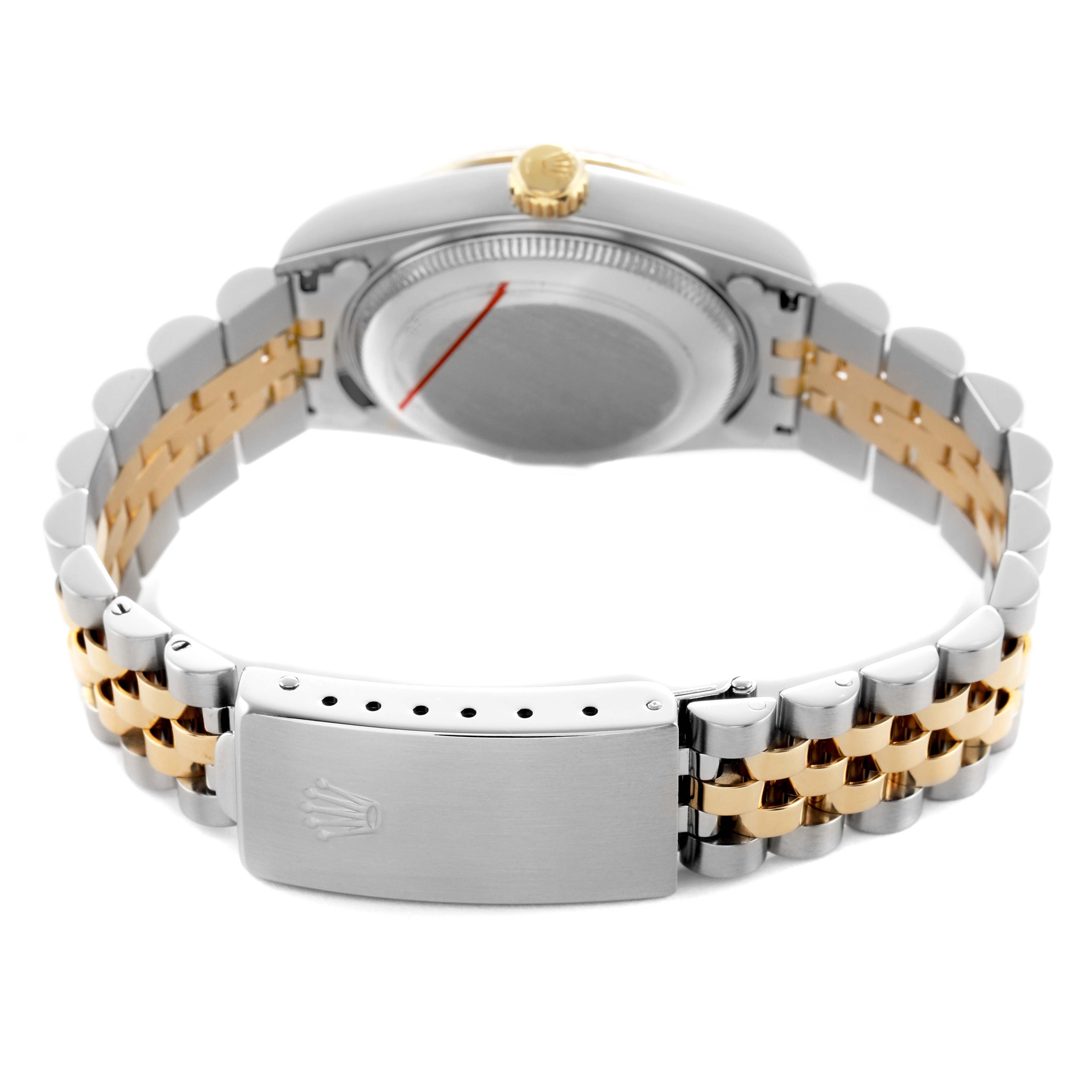 The image shows a Rolex Datejust 68273 Women's Stainless Steel Silver Dial watch from the back, highlighting the case, crown, and Jubilee bracelet with a clasp.