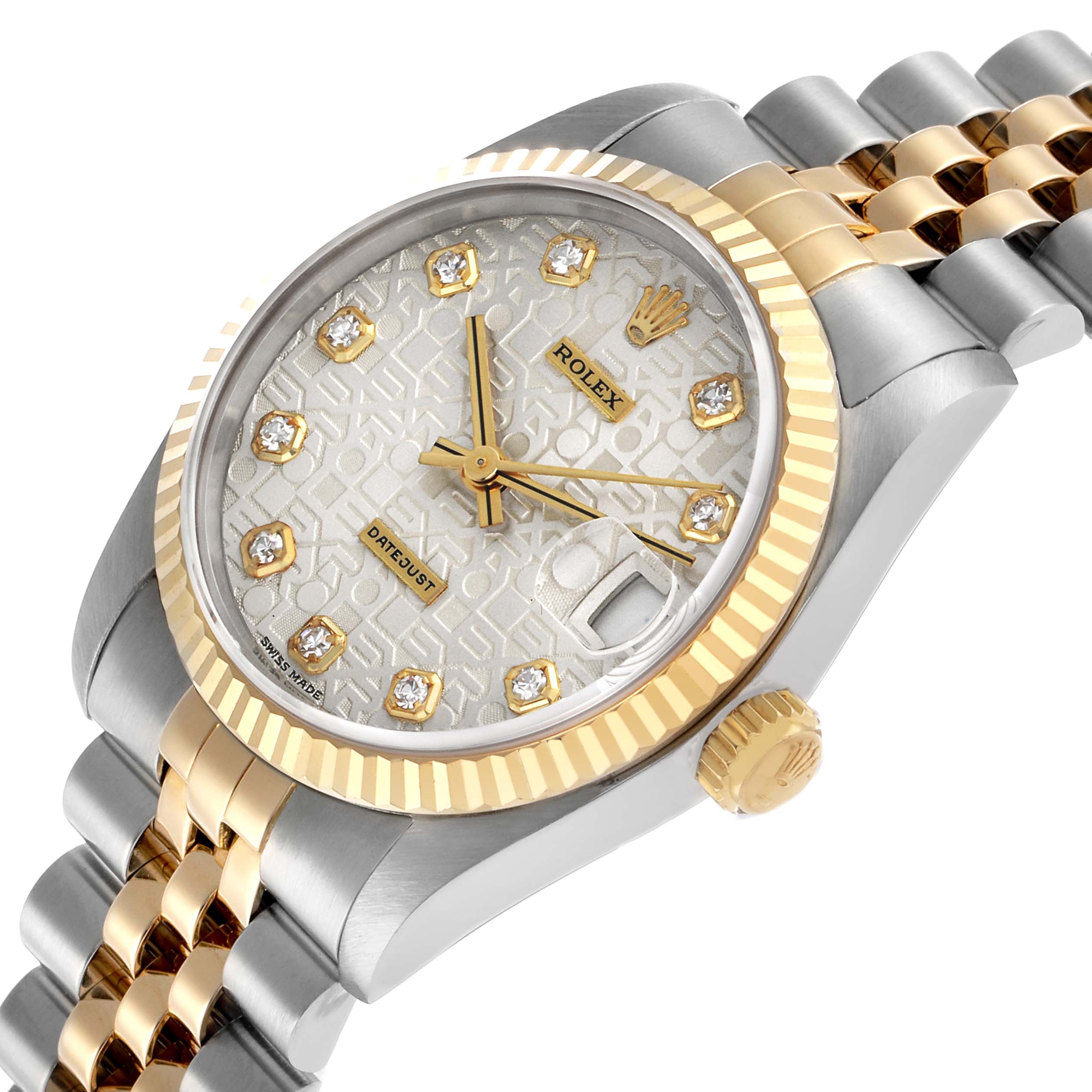 The Rolex Datejust 68273 Women's Stainless Steel Silver Dial watch is shown at an angled view highlighting the dial, bezel, crown, and part of the bracelet.