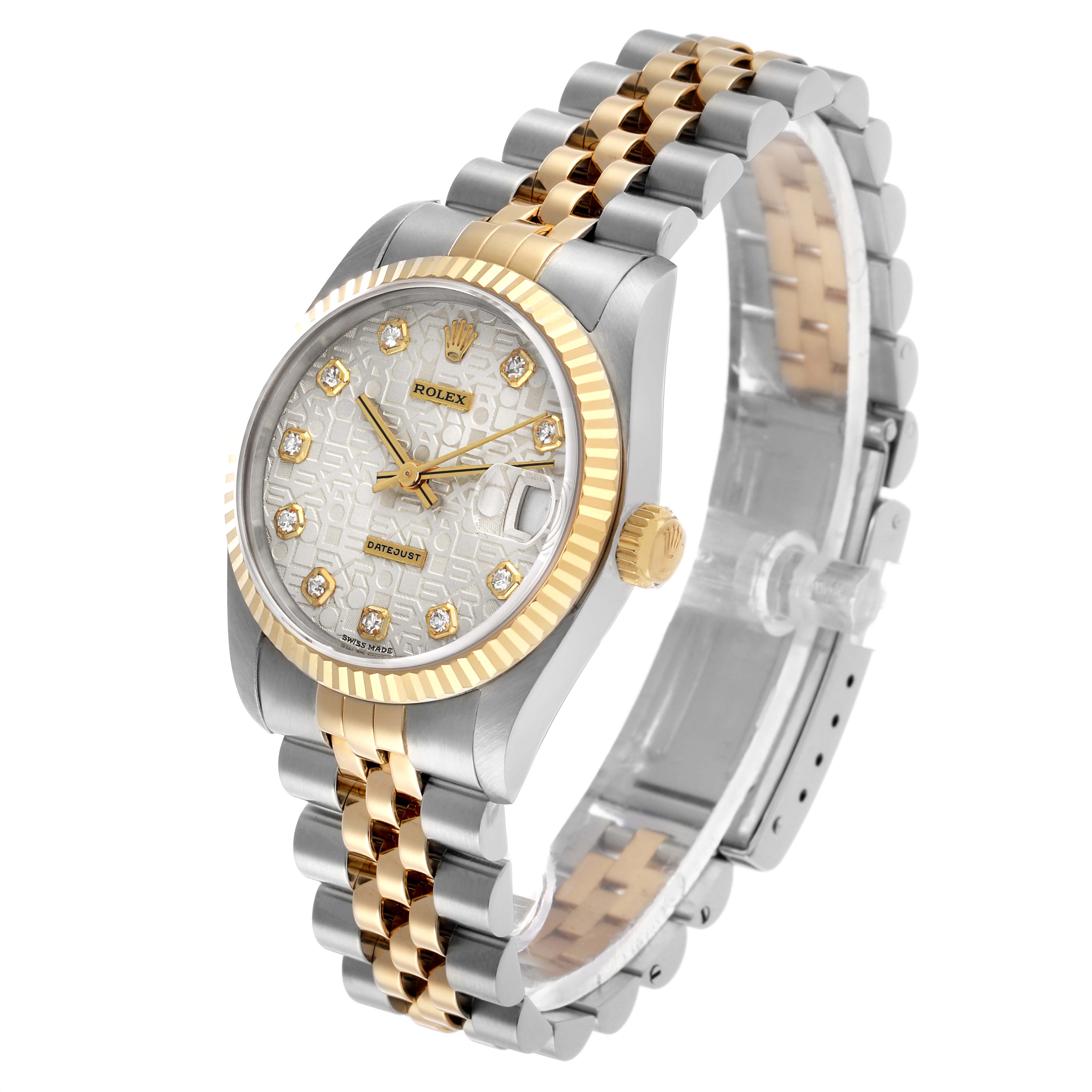 The Rolex Datejust 68273 Women's Stainless Steel Silver Dial watch is shown from an angled view, highlighting the dial, bezel, crown, and two-tone bracelet.