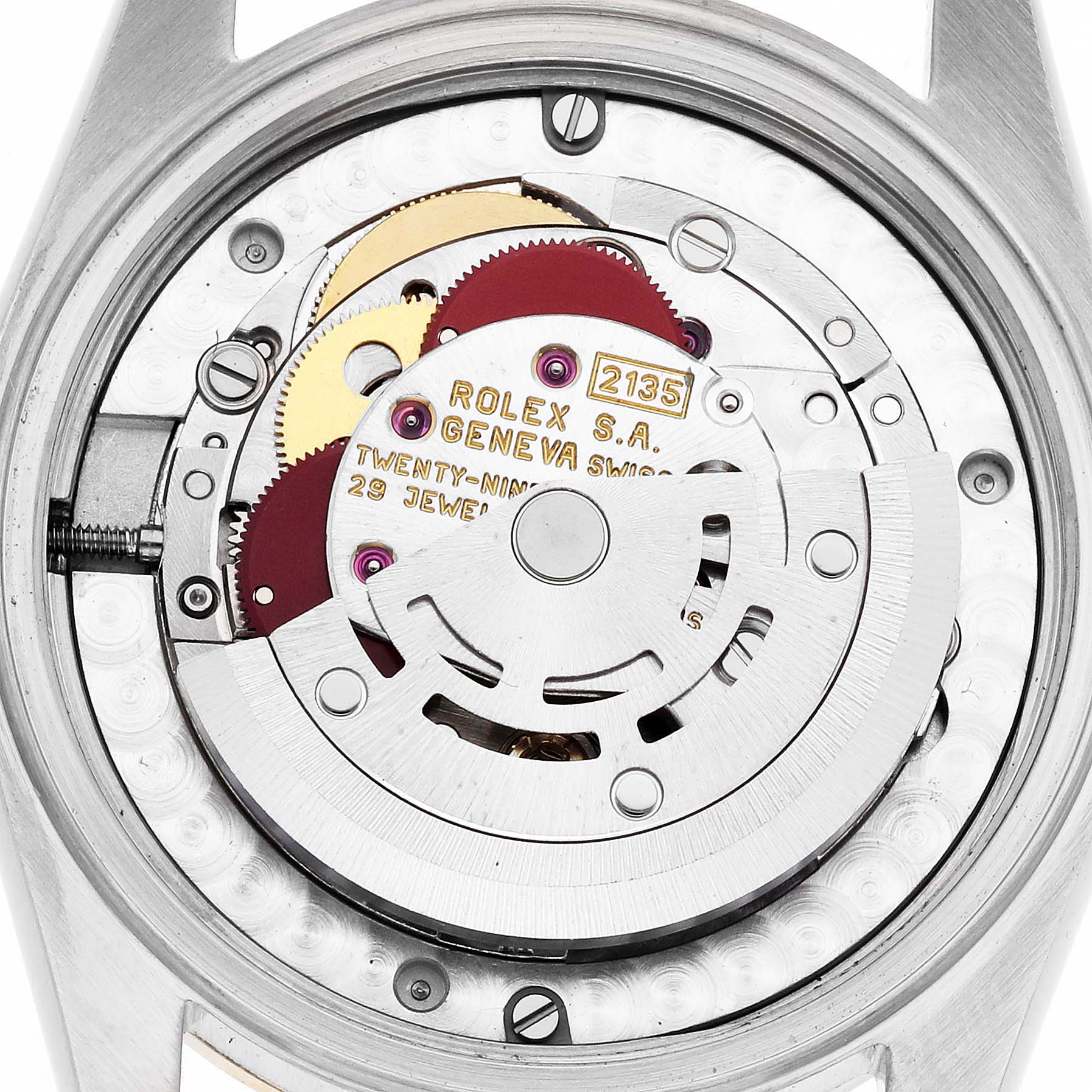 The image shows the movement of a Rolex Datejust 68273 Women's Stainless Steel Silver Dial watch from the back, highlighting gears and rotor.