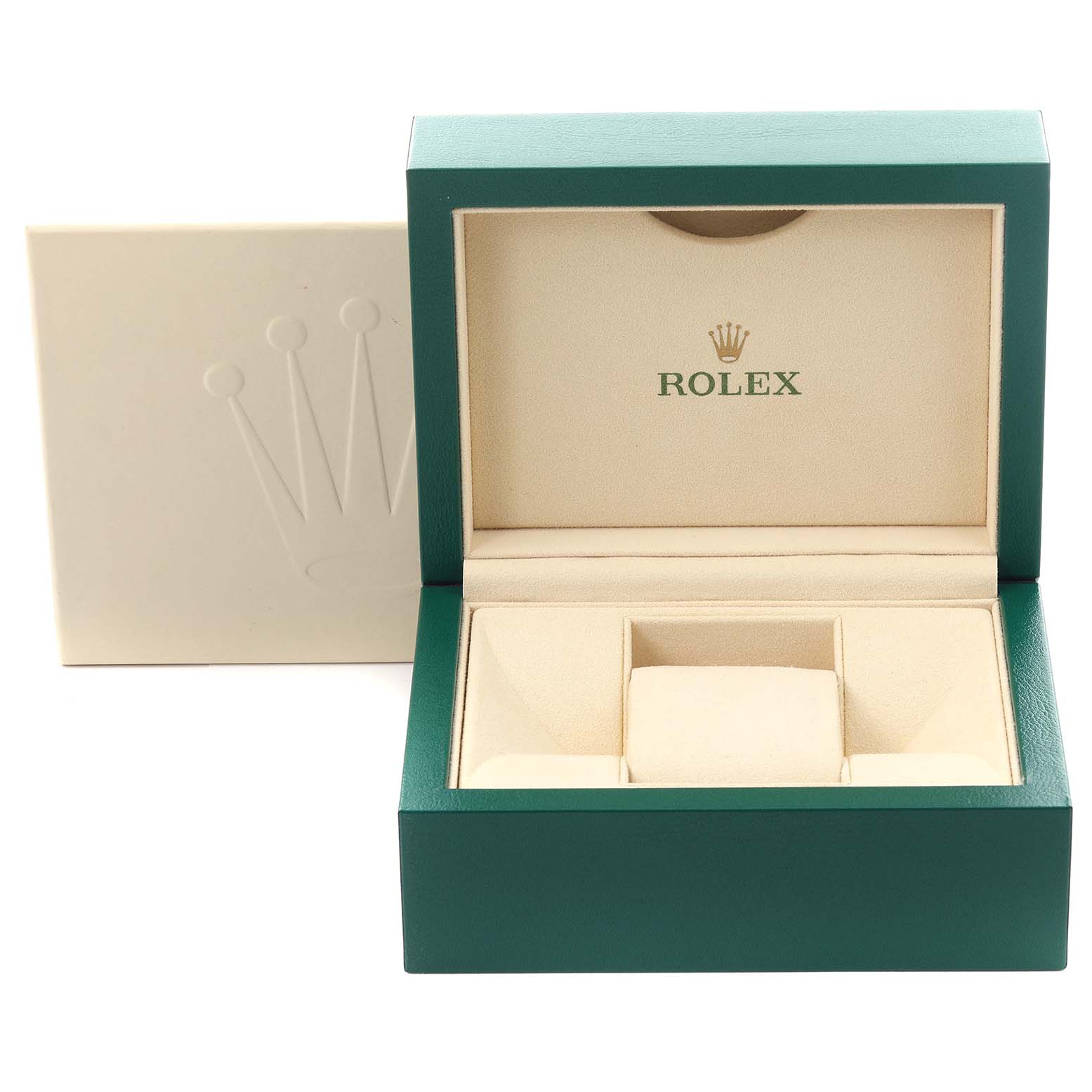 The image shows an open Rolex Datejust watch box with the brand logo inside, viewed from the front.