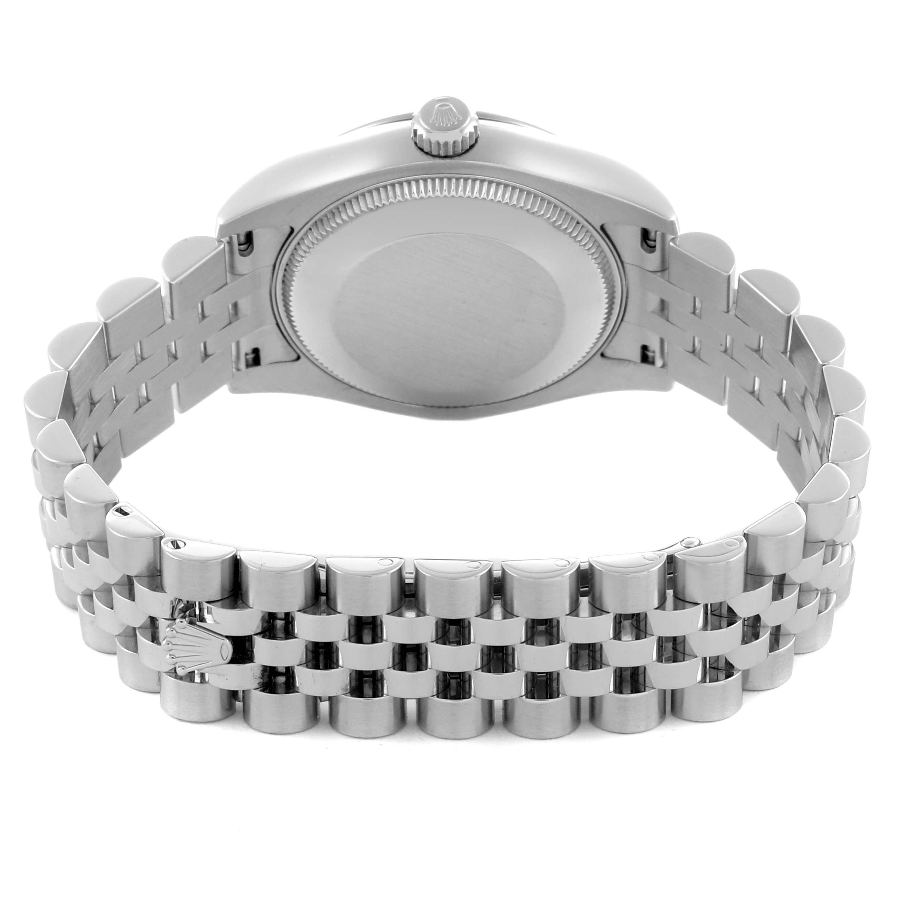 The image shows the back view of a Rolex Datejust watch, highlighting the case back and Jubilee bracelet.