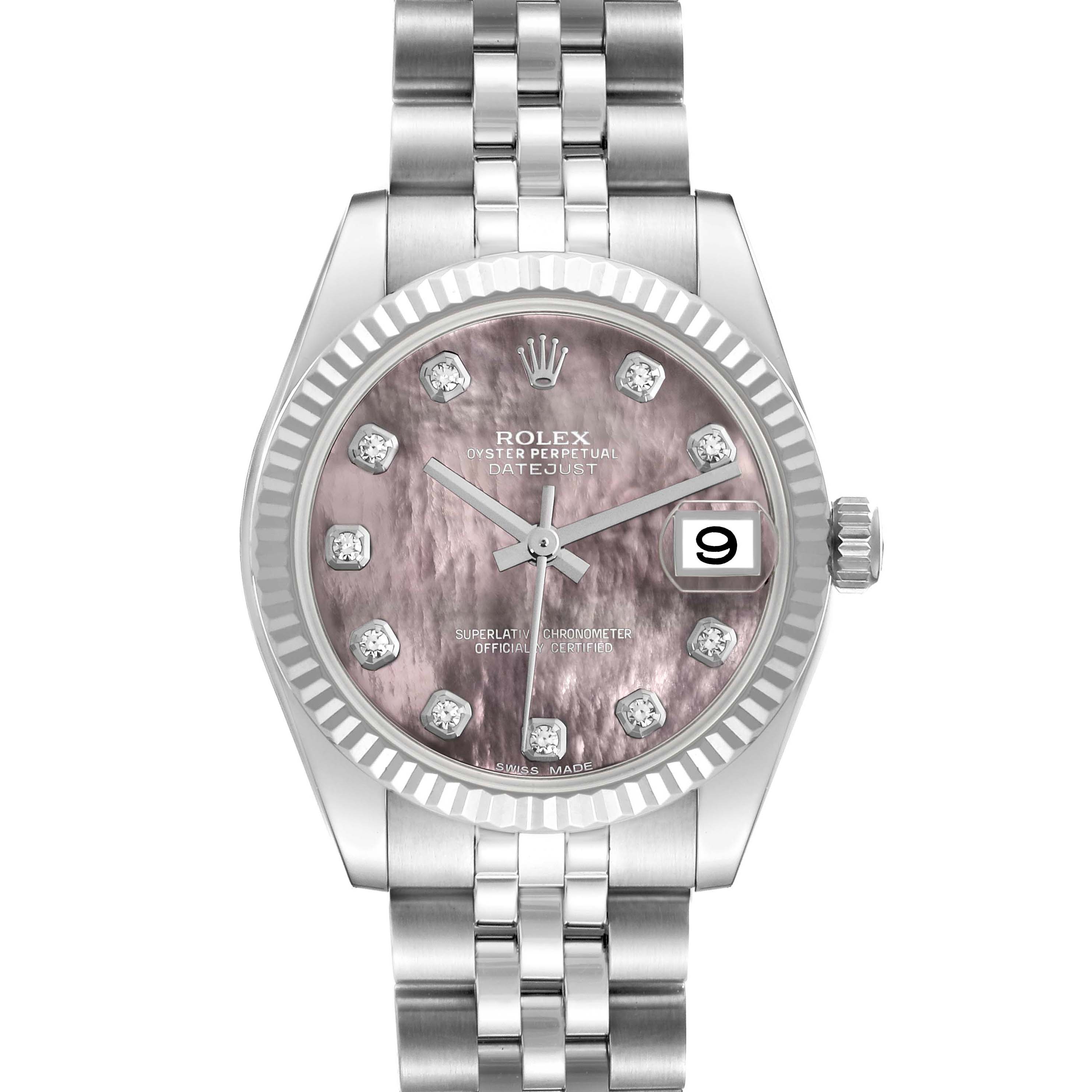 The image shows a front view of the Rolex Datejust watch, displaying the face, bracelet, and crown.