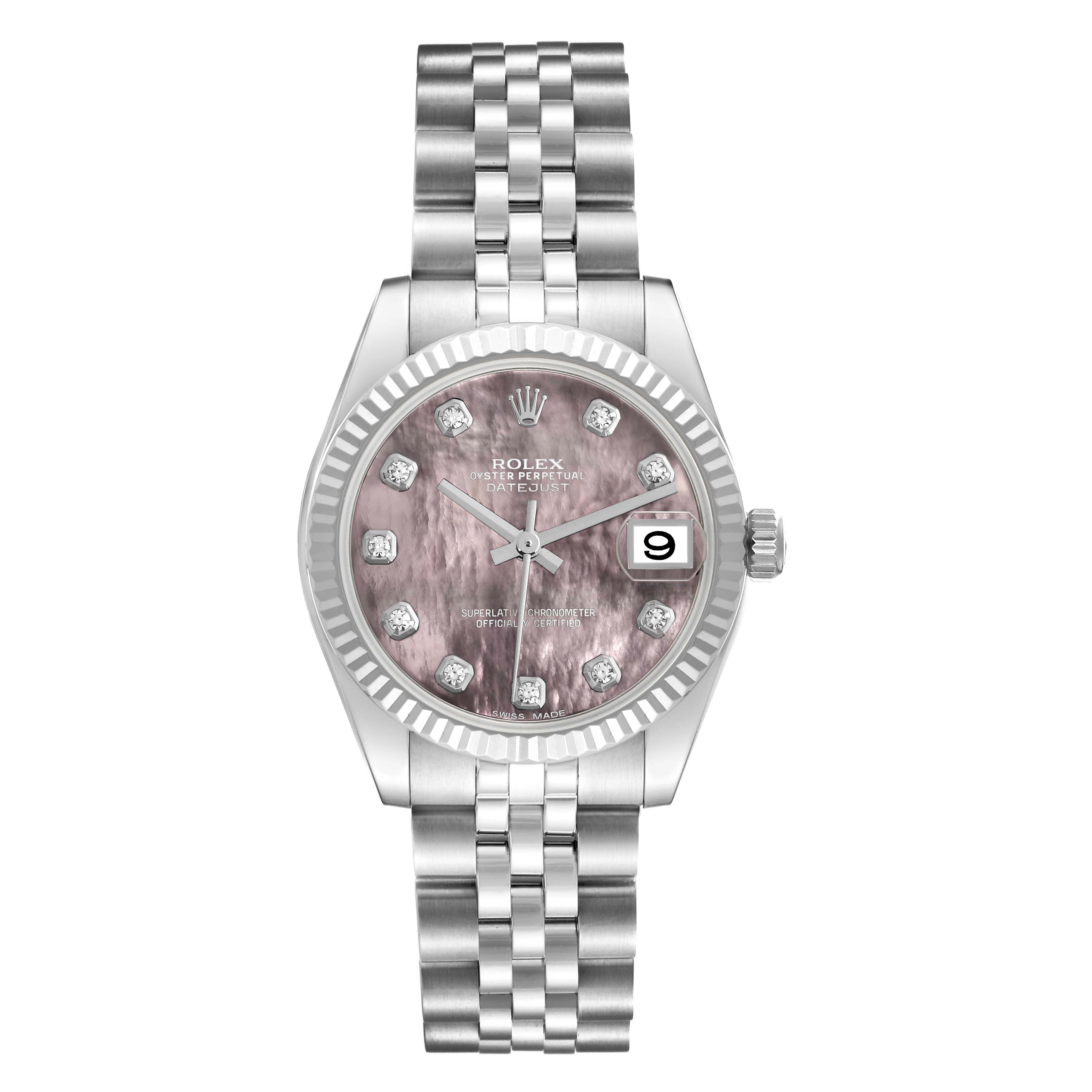 The Rolex Datejust is shown from the front, displaying the face, bezel, bracelet, and crown.