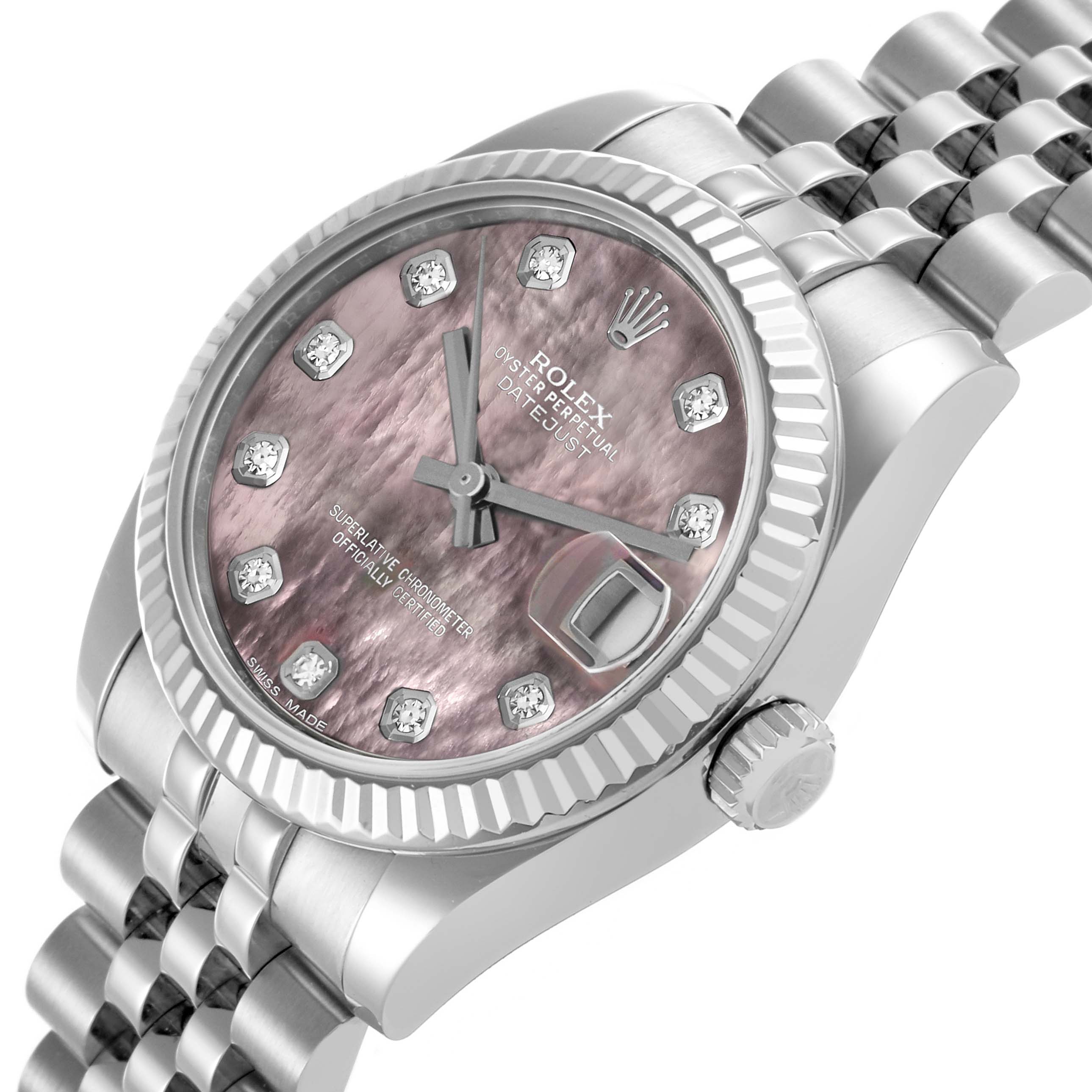 The Rolex Datejust watch is shown at a slight angle, highlighting the face, bezel, and part of the bracelet.