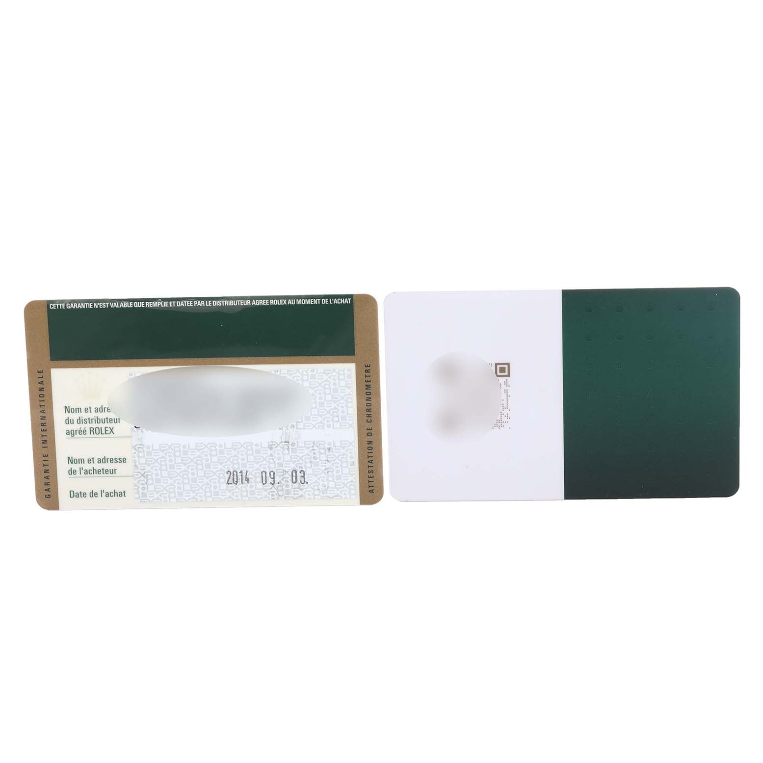 The image shows warranty and authentication cards for the Rolex Datejust.