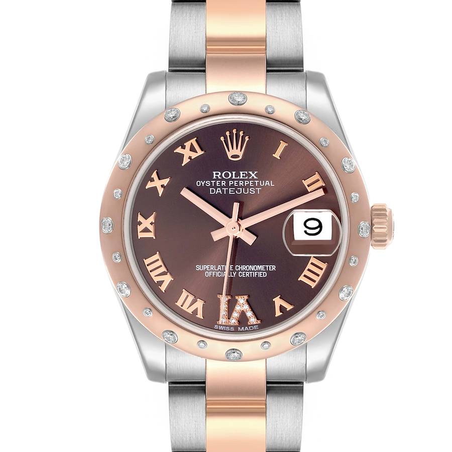 The Rolex Datejust watch is shown from the front, displaying the dial, bezel, and partial bracelet.