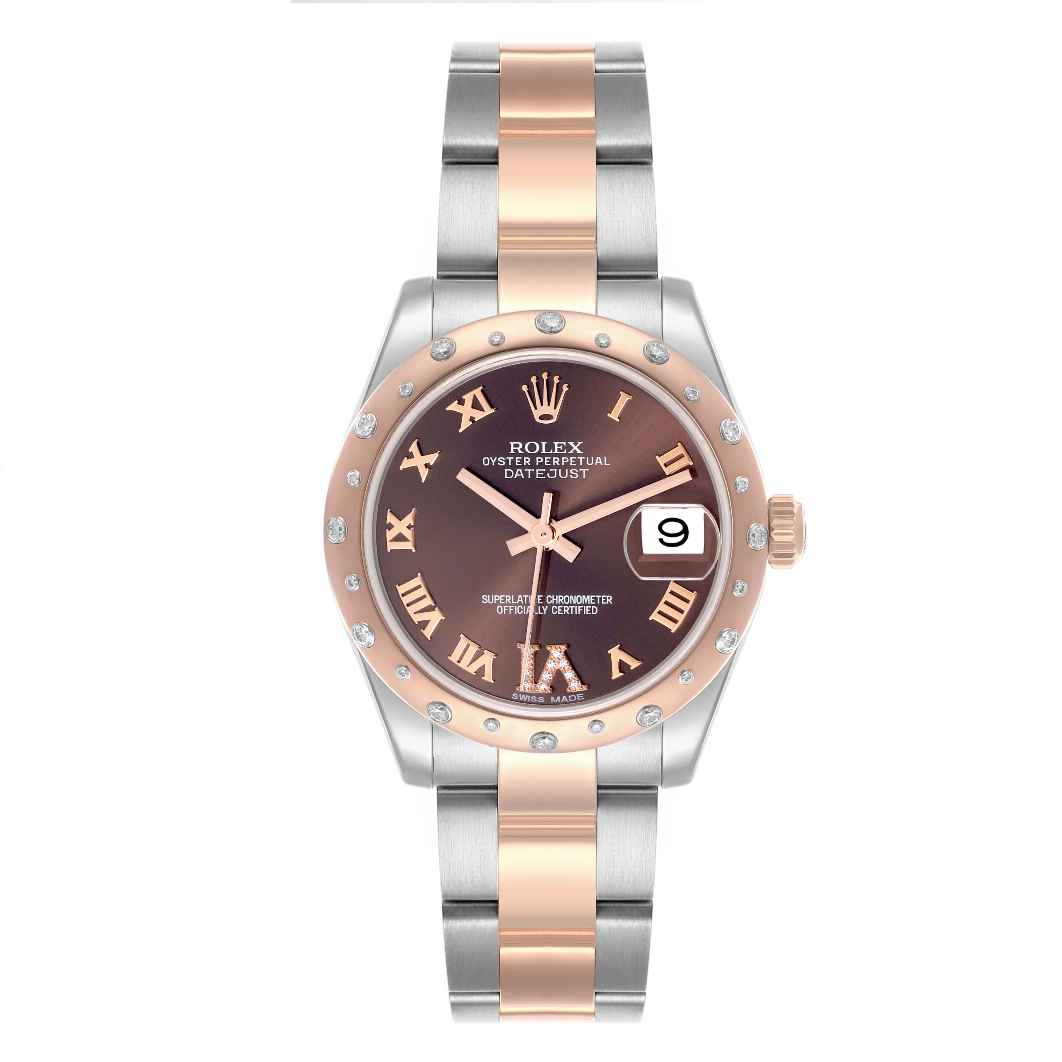 The Rolex Datejust watch is shown from the front, displaying the face, bezel, and bracelet.