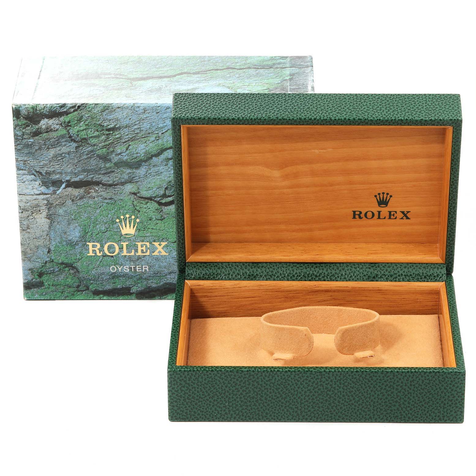This image shows an open green Rolex Datejust 16220 Men's Stainless Steel Silver Dial 16220 Men's Stainless Steel Silver Dial watch box with a wooden interior and an outer packaging box.