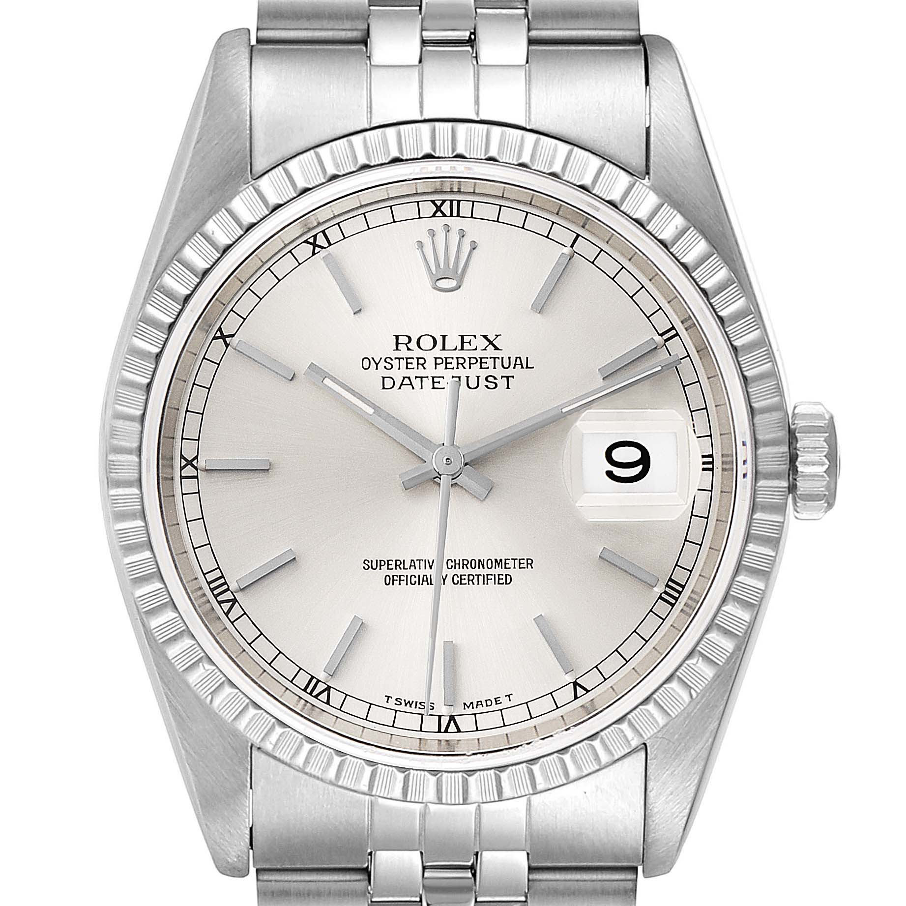 The image shows a front view of a Rolex Datejust 16220 Men's Stainless Steel Silver Dial 16220 Men's Stainless Steel Silver Dial watch, highlighting the dial, bezel, bracelet, and crown.