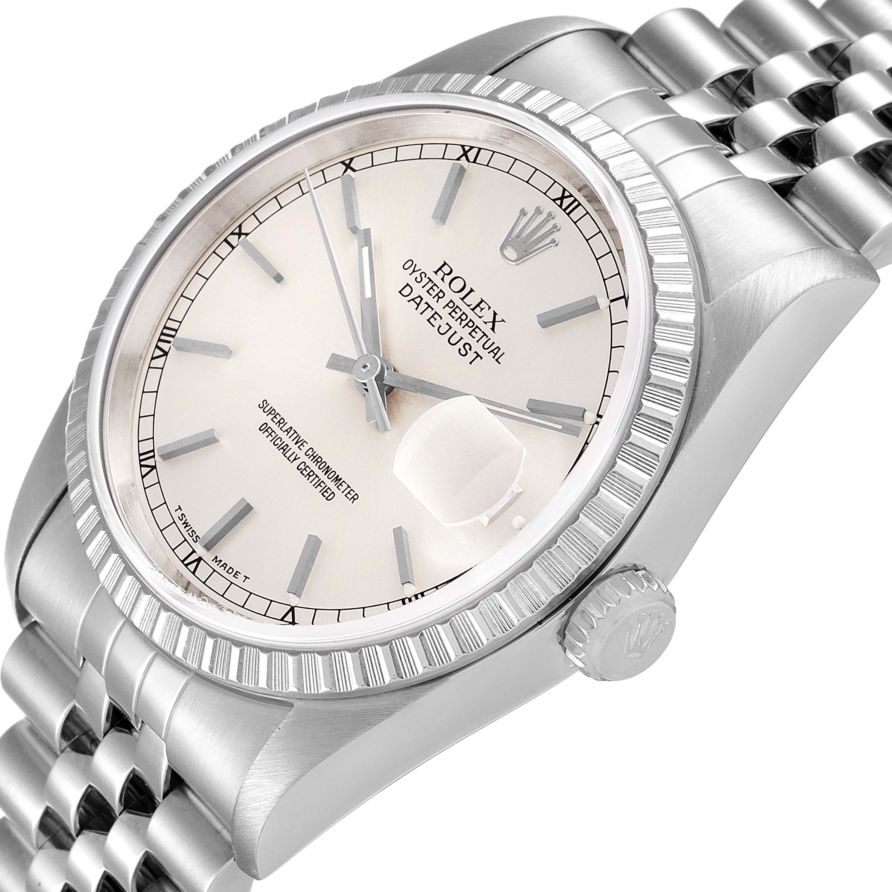 This image shows a close-up angled view of the Rolex Datejust 16220 Men's Stainless Steel Silver Dial 16220 Men's Stainless Steel Silver Dial watch, highlighting its dial, bezel, and jubilee bracelet.