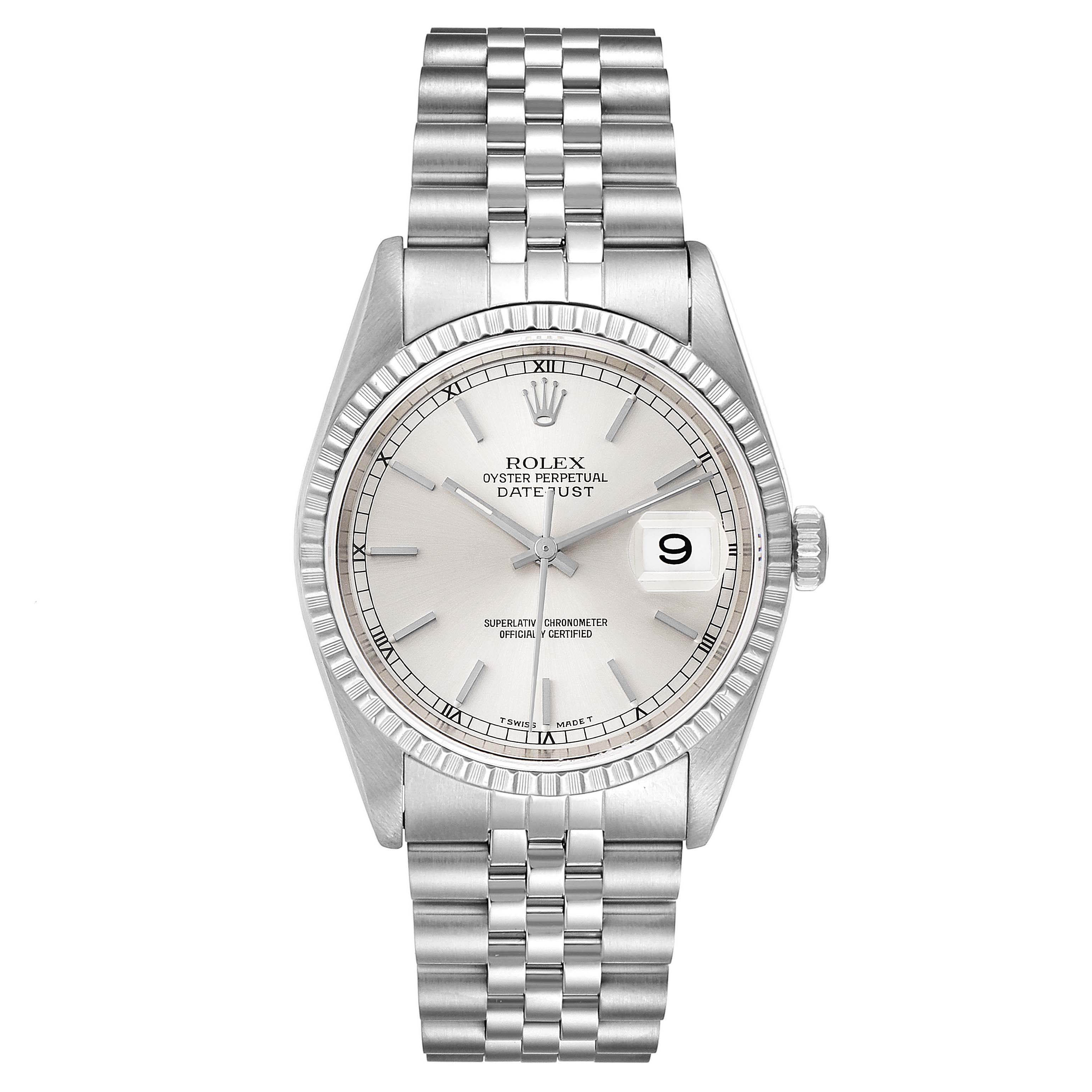 The image shows a front view of a Rolex Datejust 16220 Men's Stainless Steel Silver Dial 16220 Men's Stainless Steel Silver Dial watch, displaying its dial, bezel, bracelet, and date window.