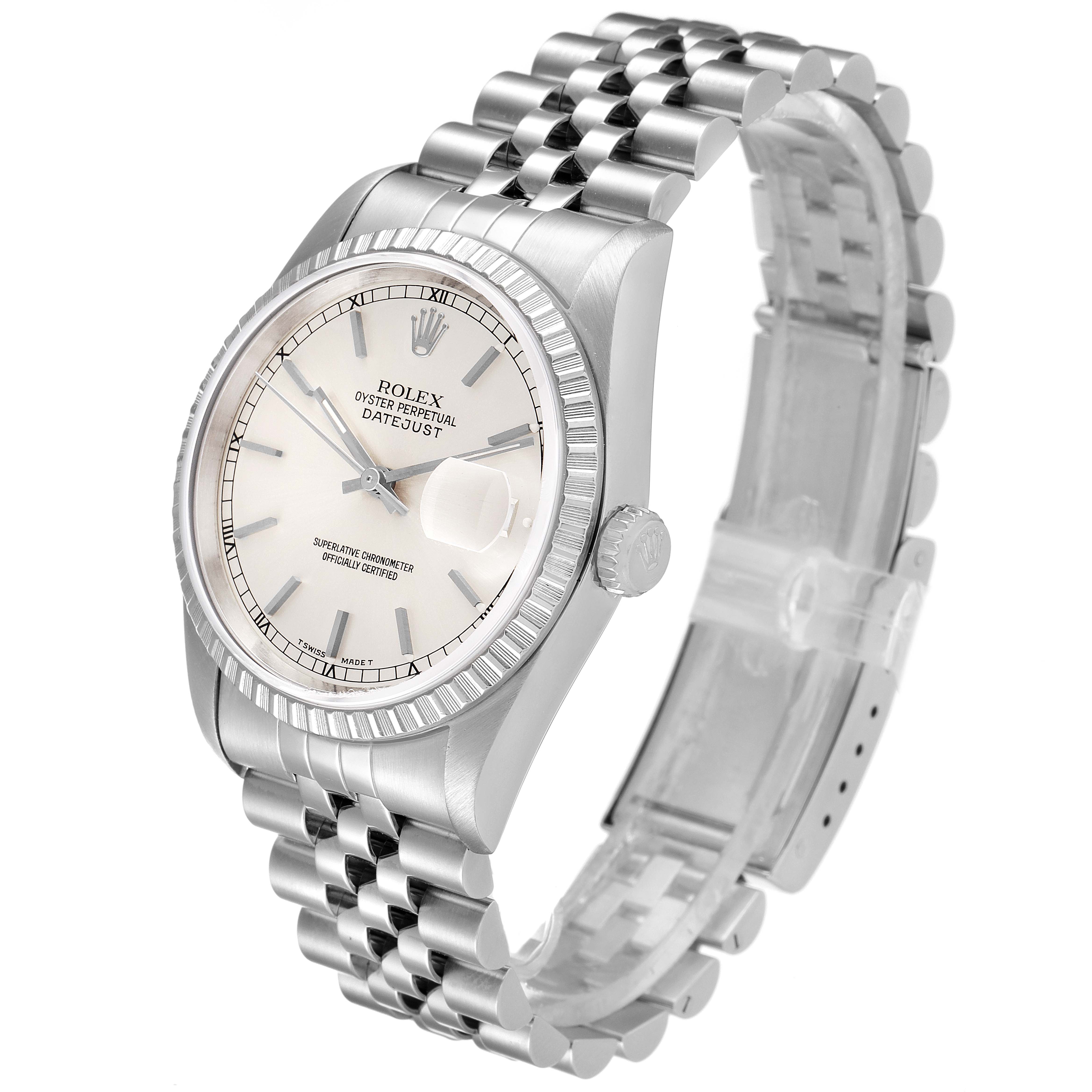 This image shows a Rolex Datejust 16220 Men's Stainless Steel Silver Dial 16220 Men's Stainless Steel Silver Dial watch from an angled front view, highlighting the dial, case, and Jubilee bracelet.