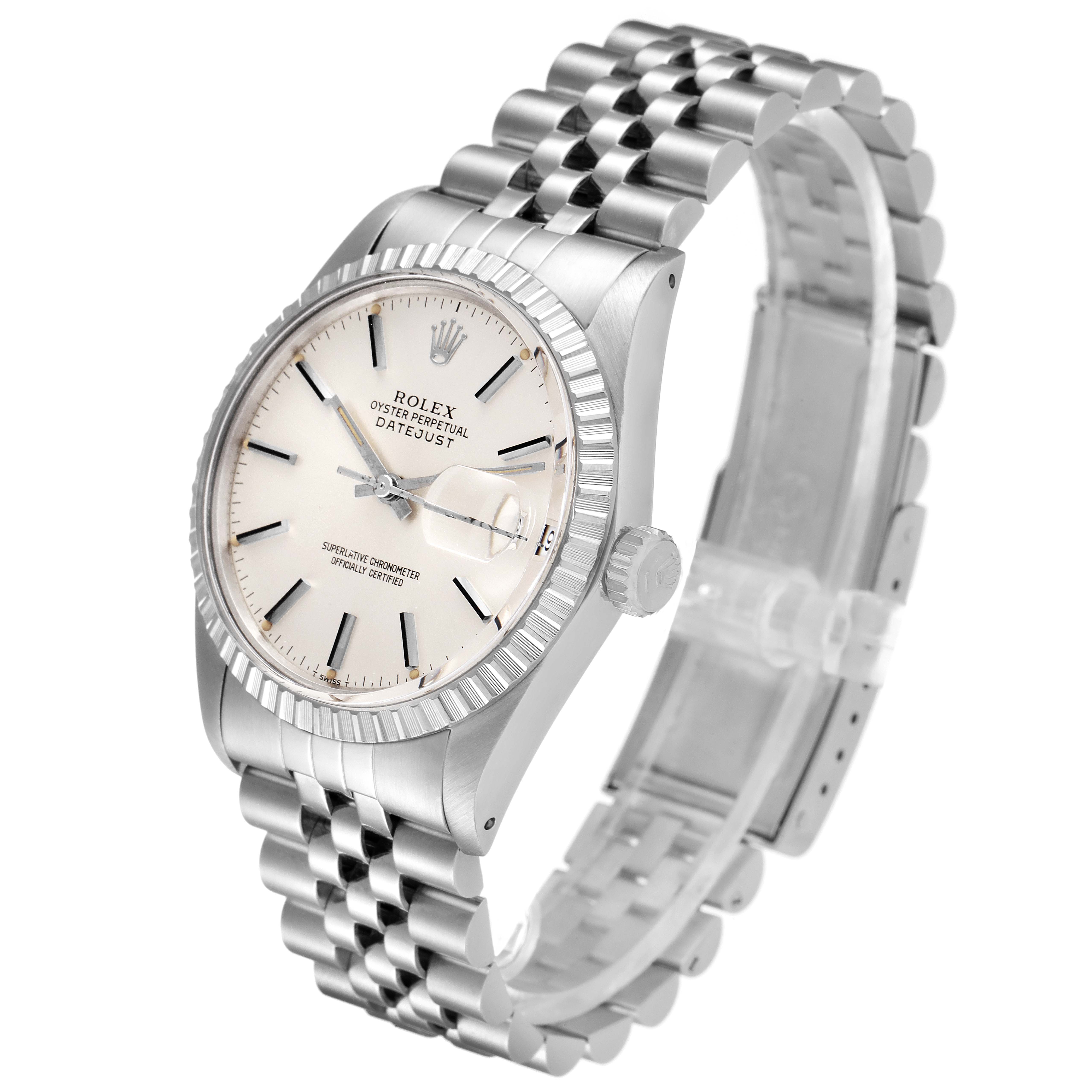 The image shows an angled view of the Rolex Vintage Collection 16030 Men's Stainless Steel Silver Dial 16030 Men's Stainless Steel Silver Dial model, focusing on its face, bezel, crown, and bracelet.
