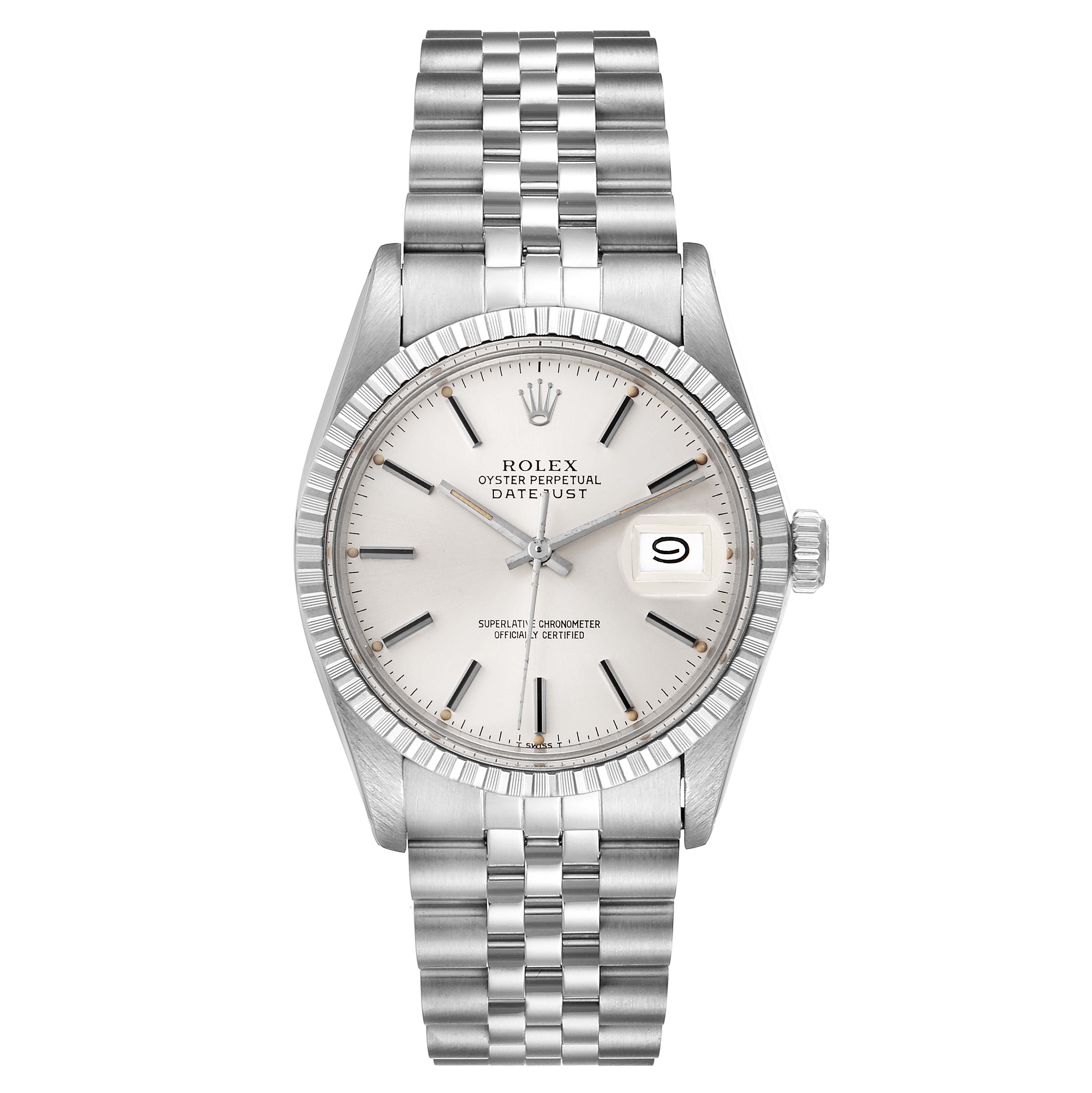 This image shows a front view of the Rolex Vintage Collection 16030 Men's Stainless Steel Silver Dial 16030 Men's Stainless Steel Silver Dial Oyster Perpetual Datejust, displaying the dial, bezel, and bracelet.