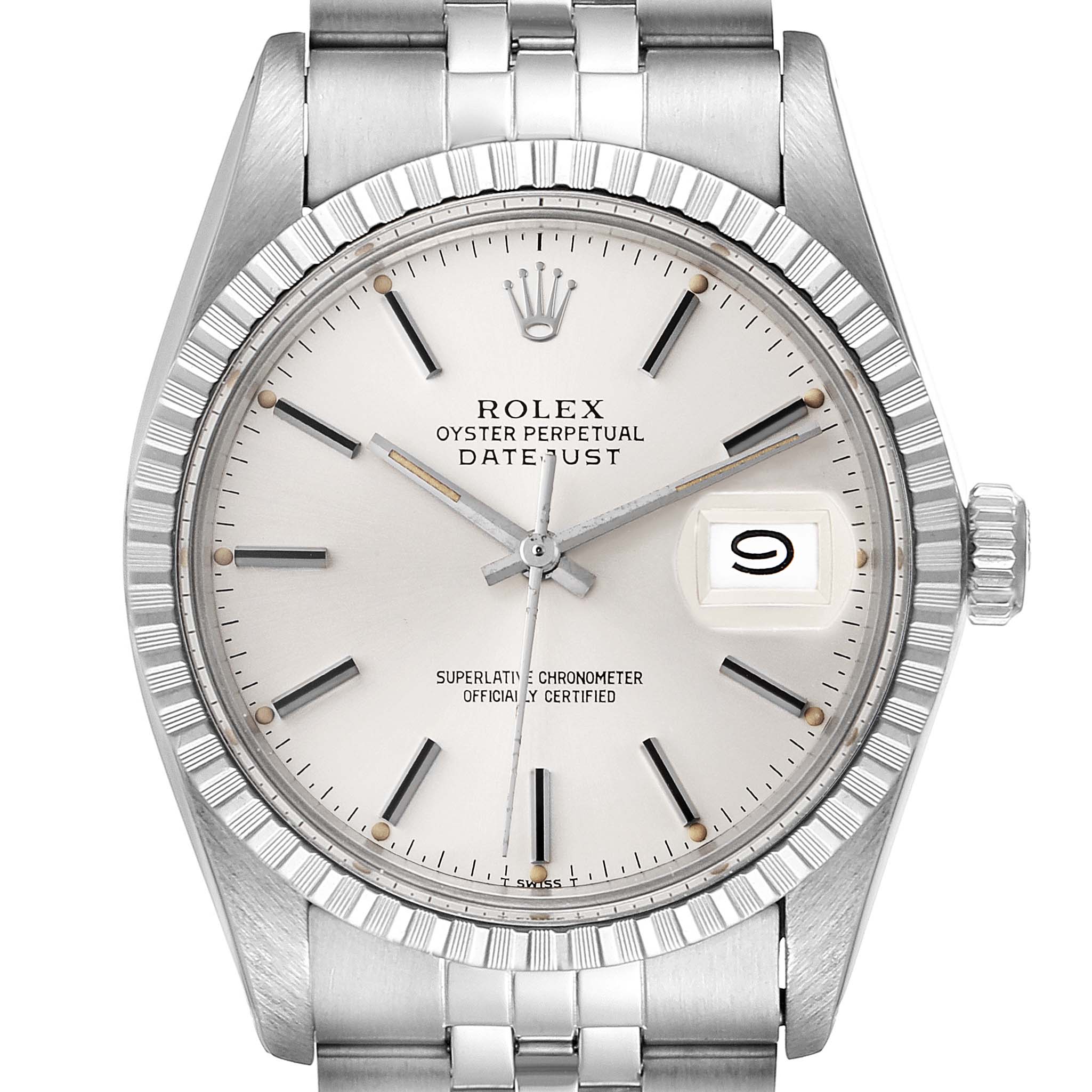 The image shows a front-facing view of a Rolex Vintage Collection 16030 Men's Stainless Steel Silver Dial 16030 Men's Stainless Steel Silver Dial Oyster Perpetual Datejust watch featuring the dial, bezel, and bracelet.