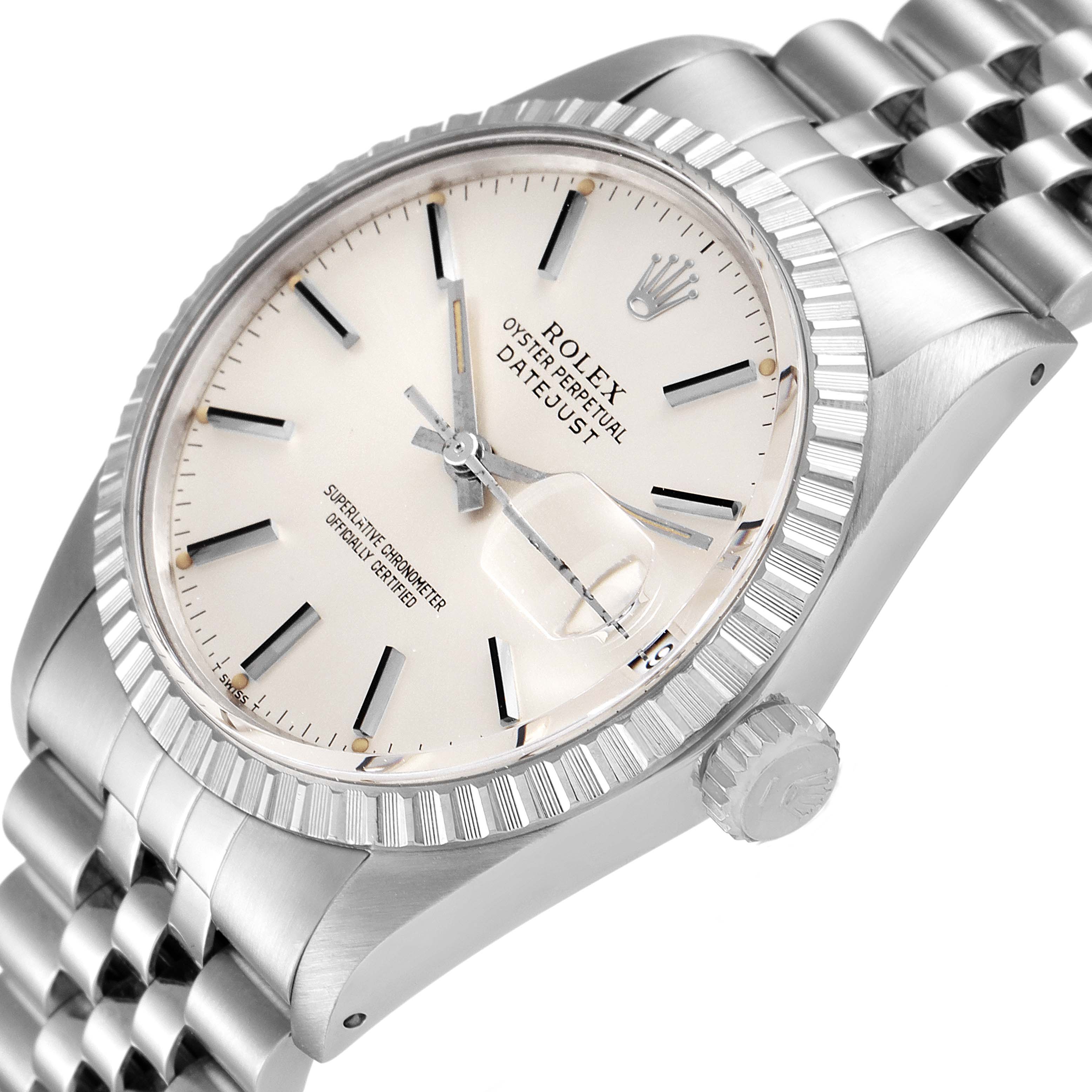 This is a close-up of a Rolex Vintage Collection 16030 Men's Stainless Steel Silver Dial 16030 Men's Stainless Steel Silver Dial Datejust watch showing the face, bezel, crown, and part of the bracelet.
