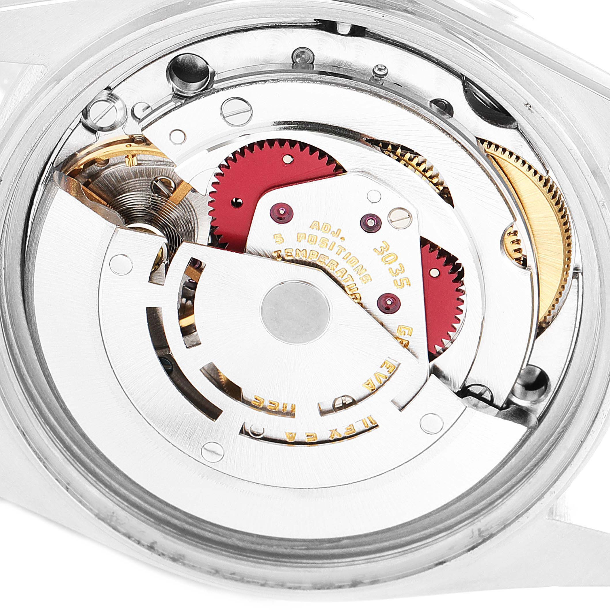 The image shows the internal mechanical movement of a Rolex Vintage Collection 16030 Men's Stainless Steel Silver Dial 16030 Men's Stainless Steel Silver Dial watch from the back.