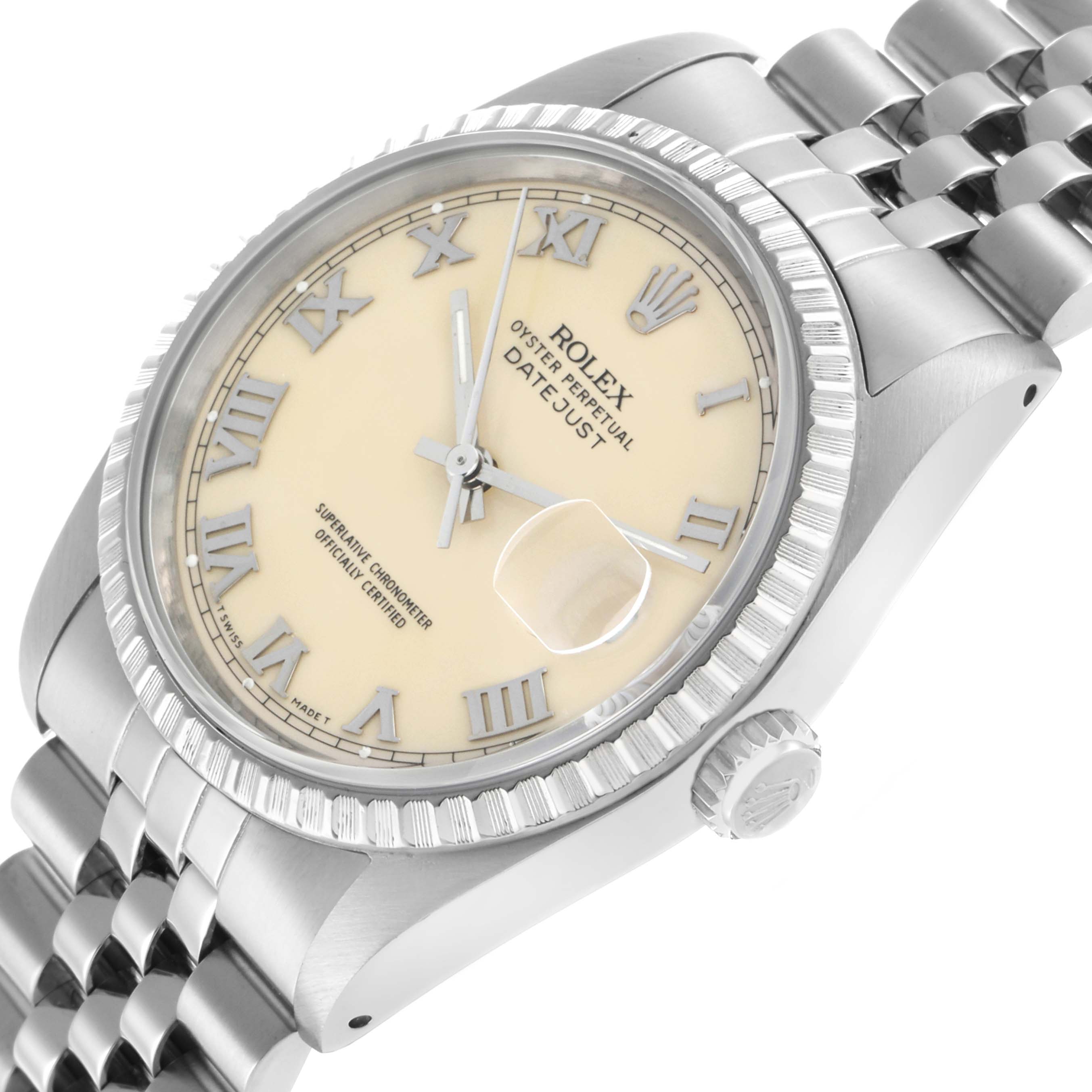 The Rolex Datejust 16220 Men's Stainless Steel Beige Dial watch is shown at an angled side view, displaying the dial, bezel, bracelet, and crown.