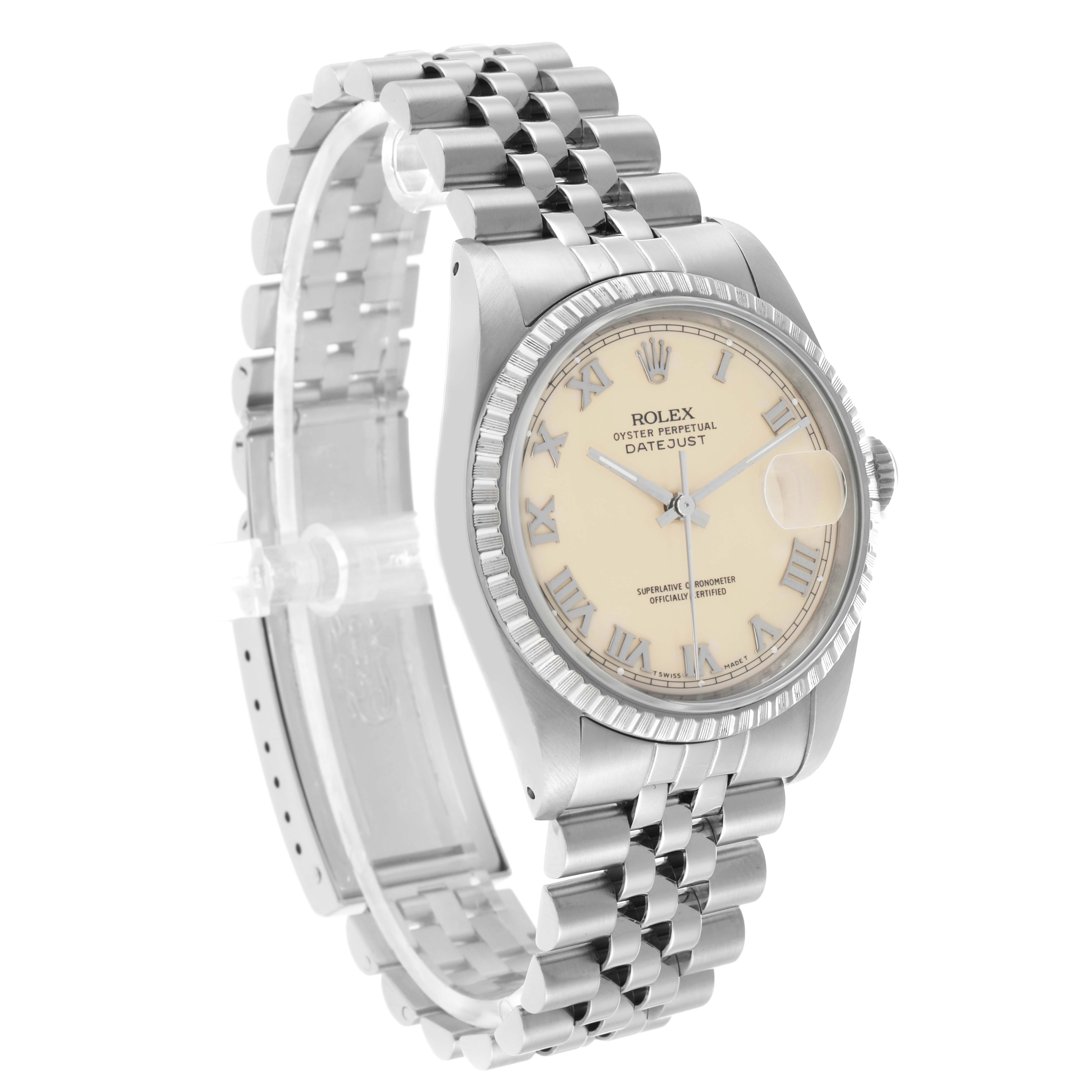 The Rolex Datejust 16220 Men's Stainless Steel Beige Dial watch is shown at a three-quarter angle, highlighting its dial, bezel, case, and Jubilee bracelet.
