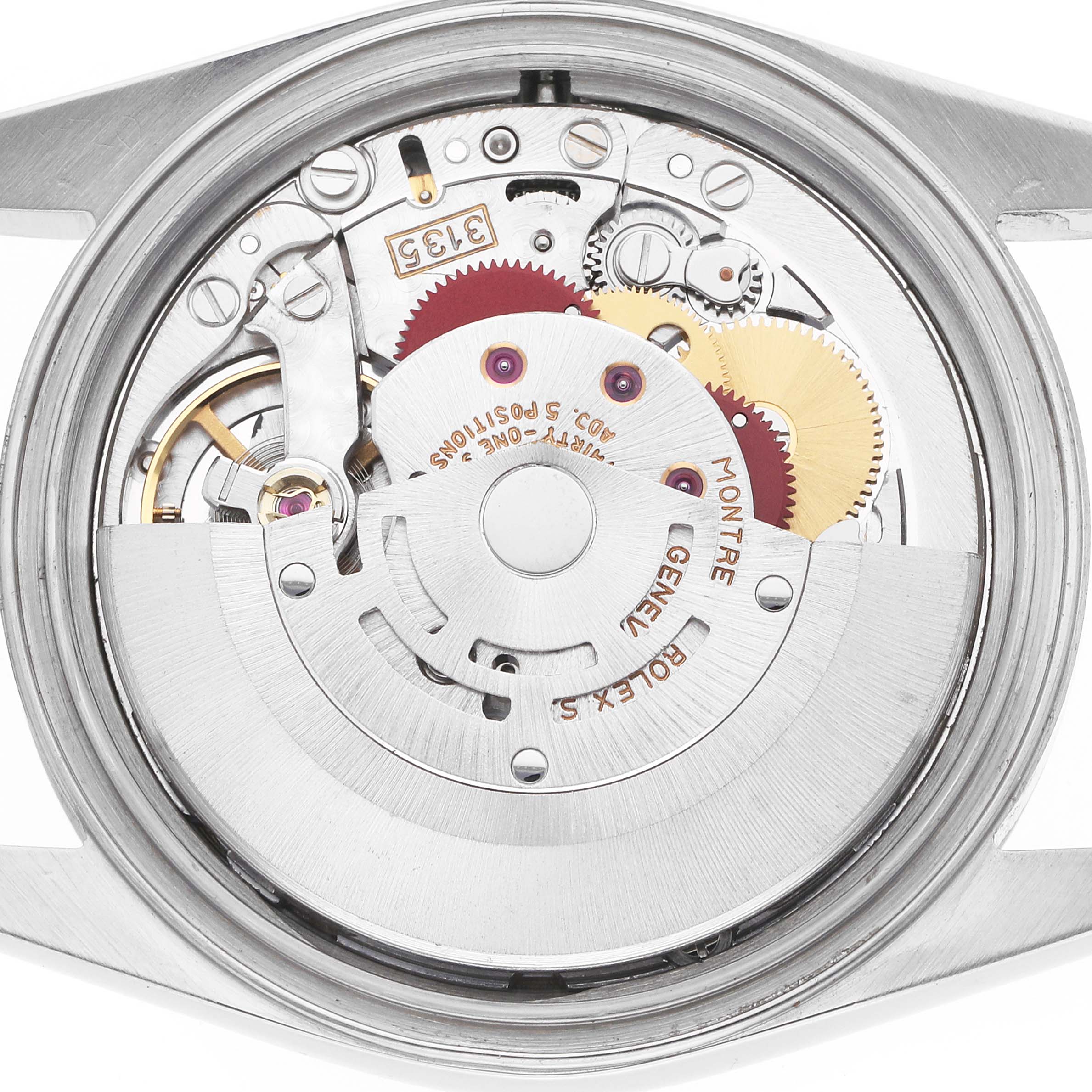 The image shows the movement of a Rolex Datejust 16220 Men's Stainless Steel Beige Dial watch viewed from the back, highlighting gears and the rotor.