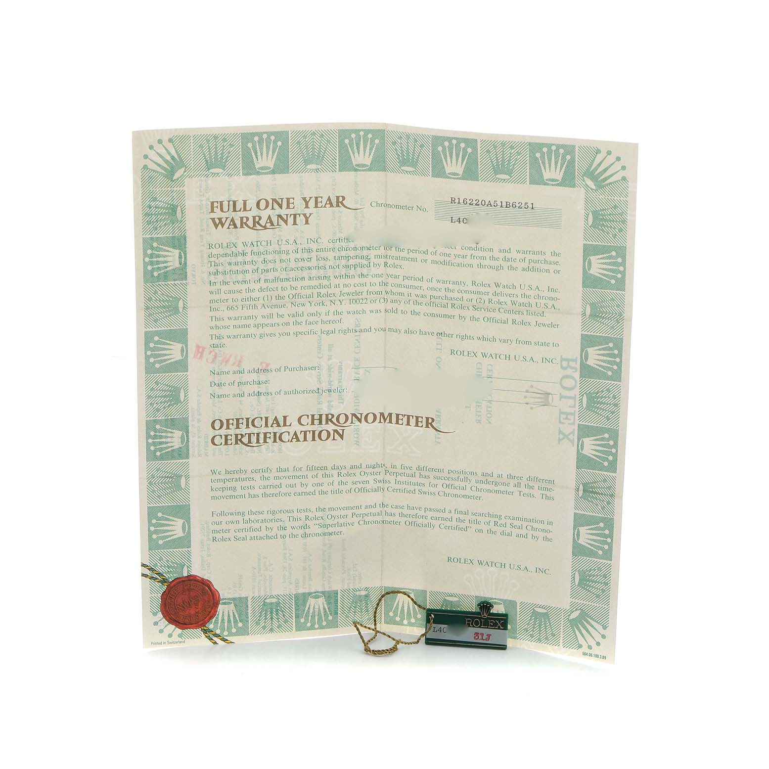 The image shows a Rolex Datejust 16220 Men's Stainless Steel Beige Dial warranty and chronometer certification, including a tag and seal, viewed from the front.