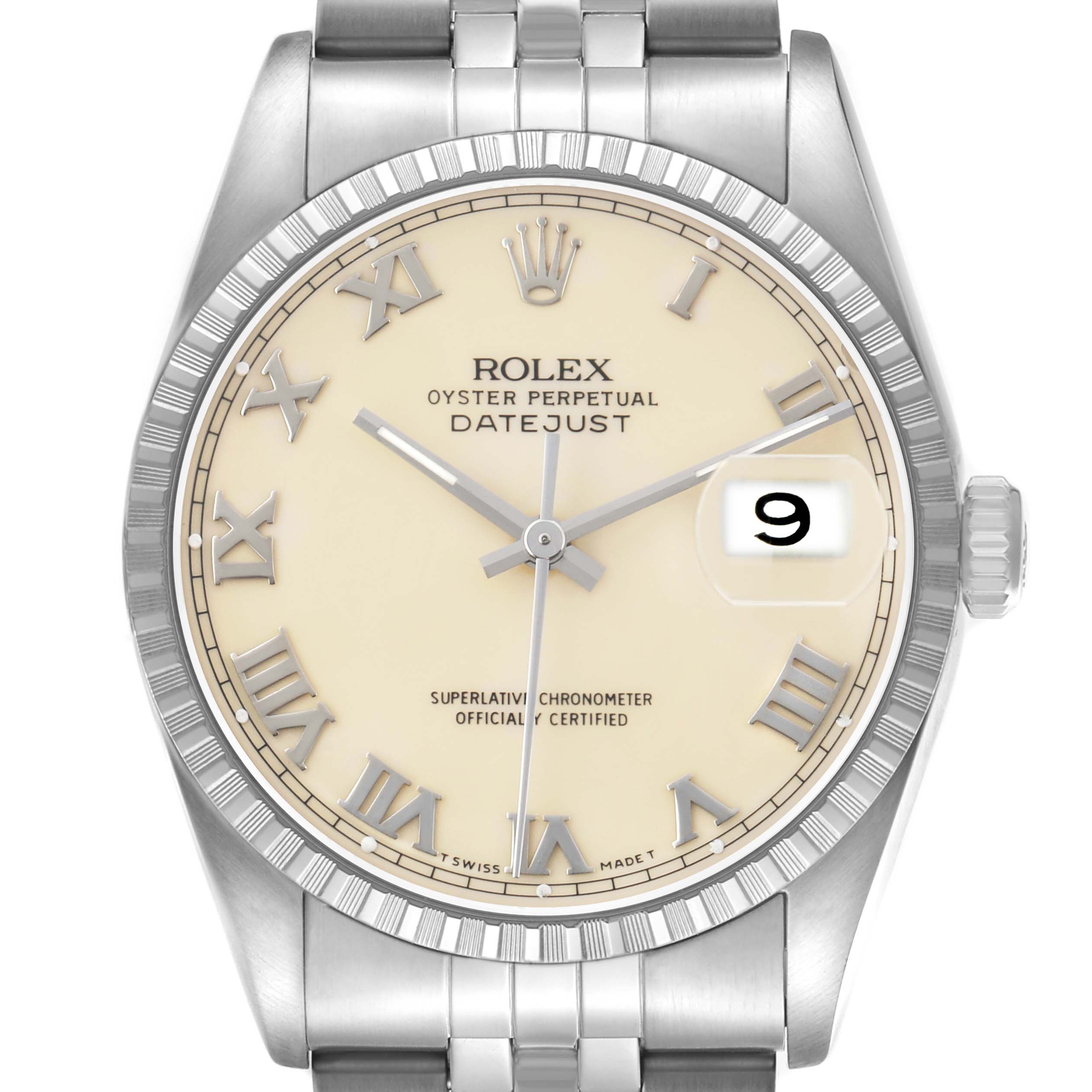 The Rolex Datejust 16220 Men's Stainless Steel Beige Dial watch is shown from a front angle, highlighting the dial, bezel, and part of the bracelet.