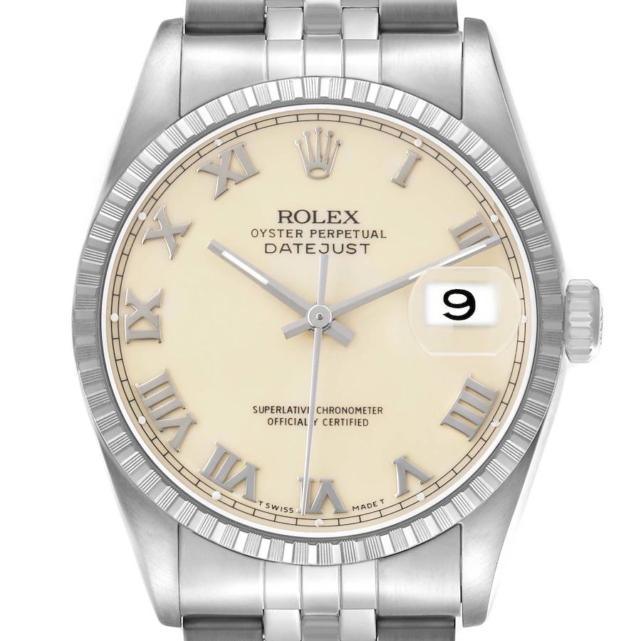 The Rolex Datejust 16220 Men's Stainless Steel Beige Dial watch is shown from a front angle, highlighting the dial, bezel, and part of the bracelet.