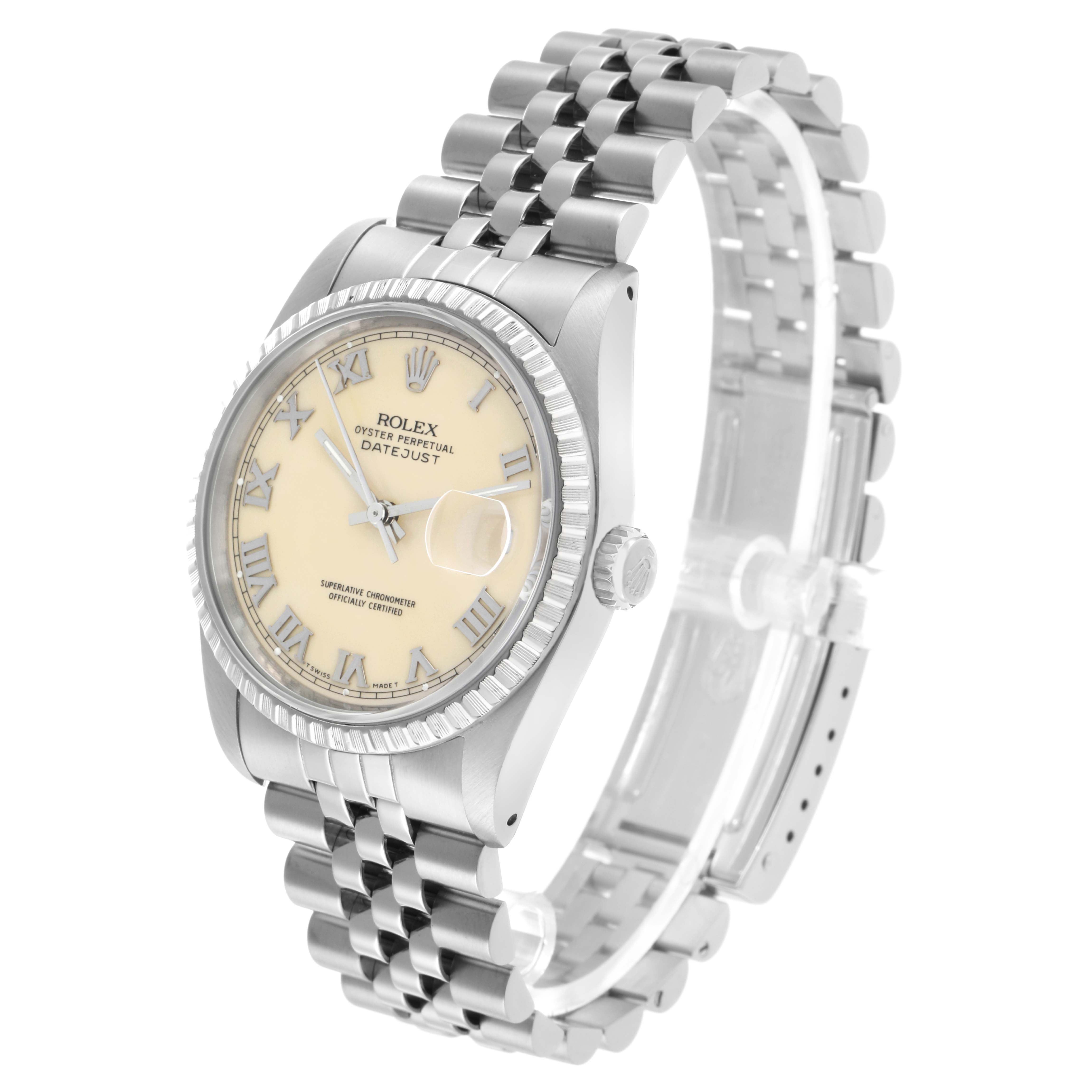 The image shows a Rolex Datejust 16220 Men's Stainless Steel Beige Dial watch at a three-quarter angle, displaying the face, bezel, and bracelet.